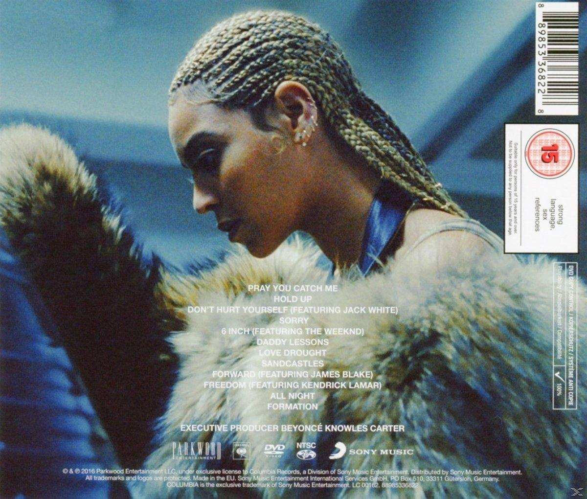 Beyoncé album borító hátulja, dalszövegek és vonalkód. Fonott hajú, szőrmés nő.