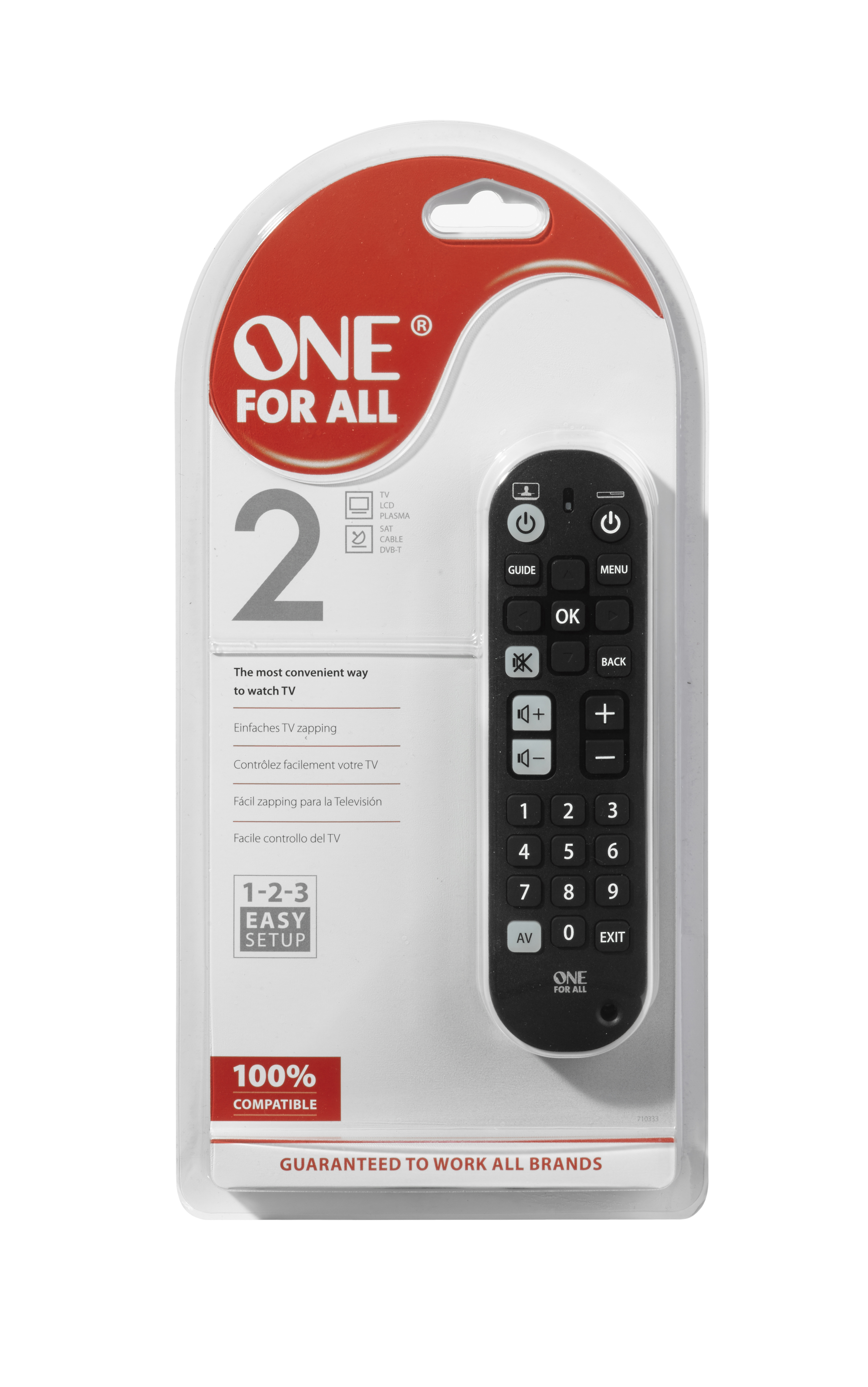 Eine TV-Fernbedienung in einer transparenten Kunststoffverpackung mit Text in verschiedenen Sprachen.