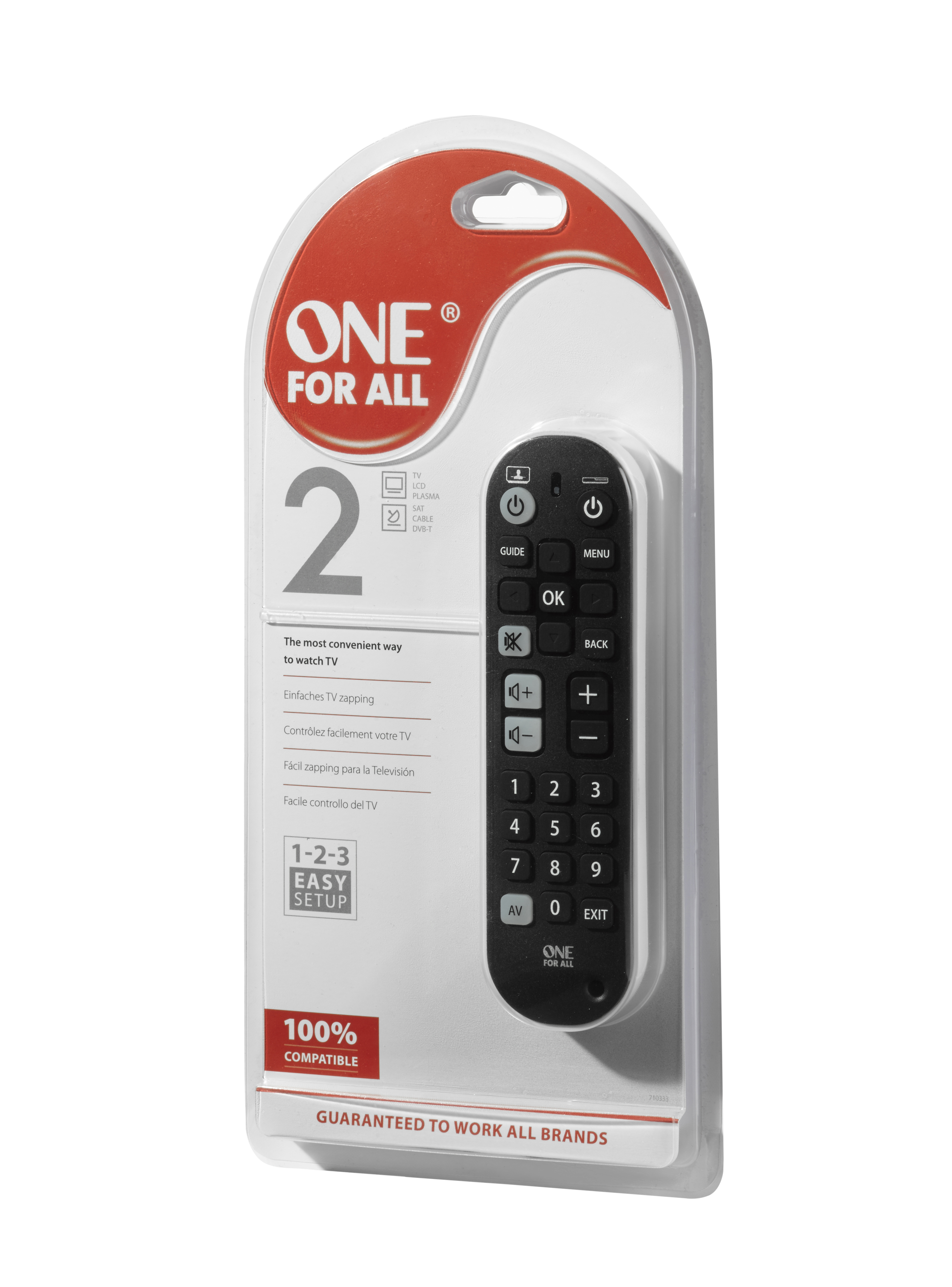 Fernbedienung in einer Kunststoffverpackung. Die Marke ist "ONE FOR ALL", mit Tasten und einem 100% kompatiblen Logo.