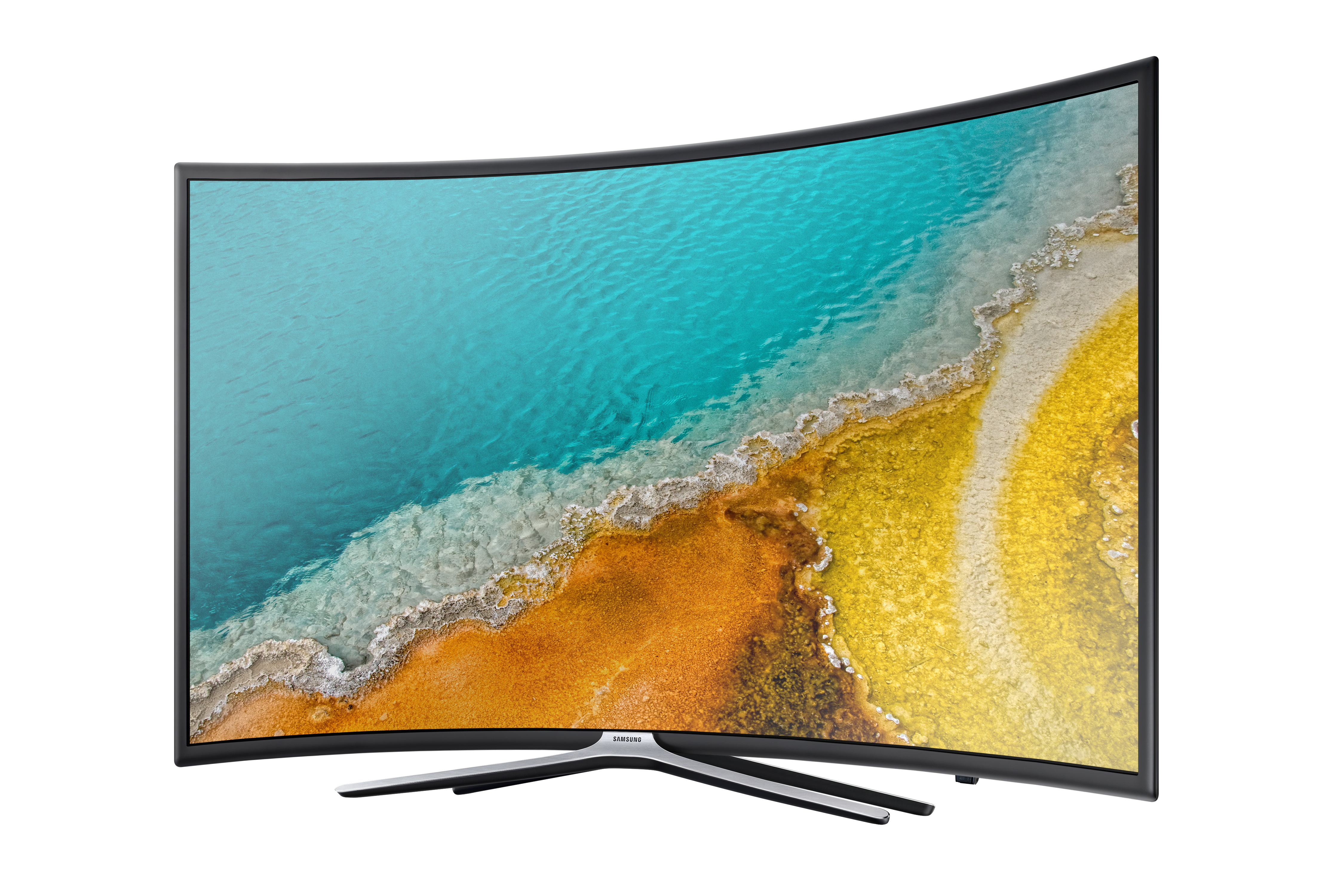 Gebogener Samsung TV-Bildschirm. Der Bildschirm zeigt eine farbenfrohe Landschaftsszene mit Wasser und Sand.