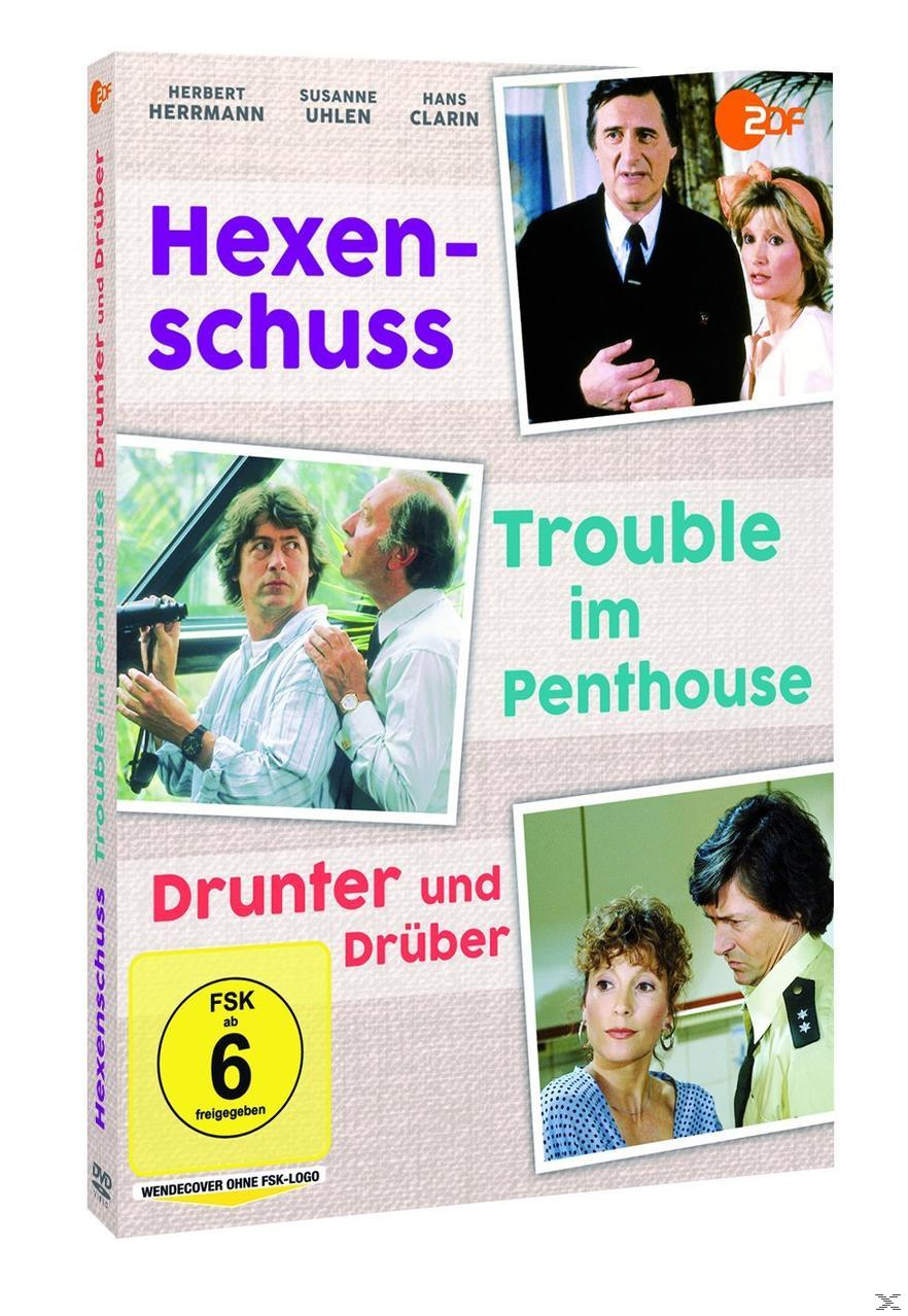 DVD-Hülle mit einer Collage von Bildern. Der deutsche Titel lautet „Hexenschuss“, der englische Titel „Trouble im Penthouse“.