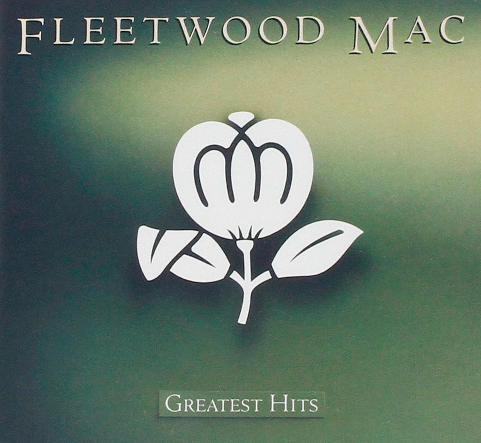 Albumcover. Fleetwood Mac, weißes Blumenlogo auf grünem Hintergrund, Greatest Hits-Text.