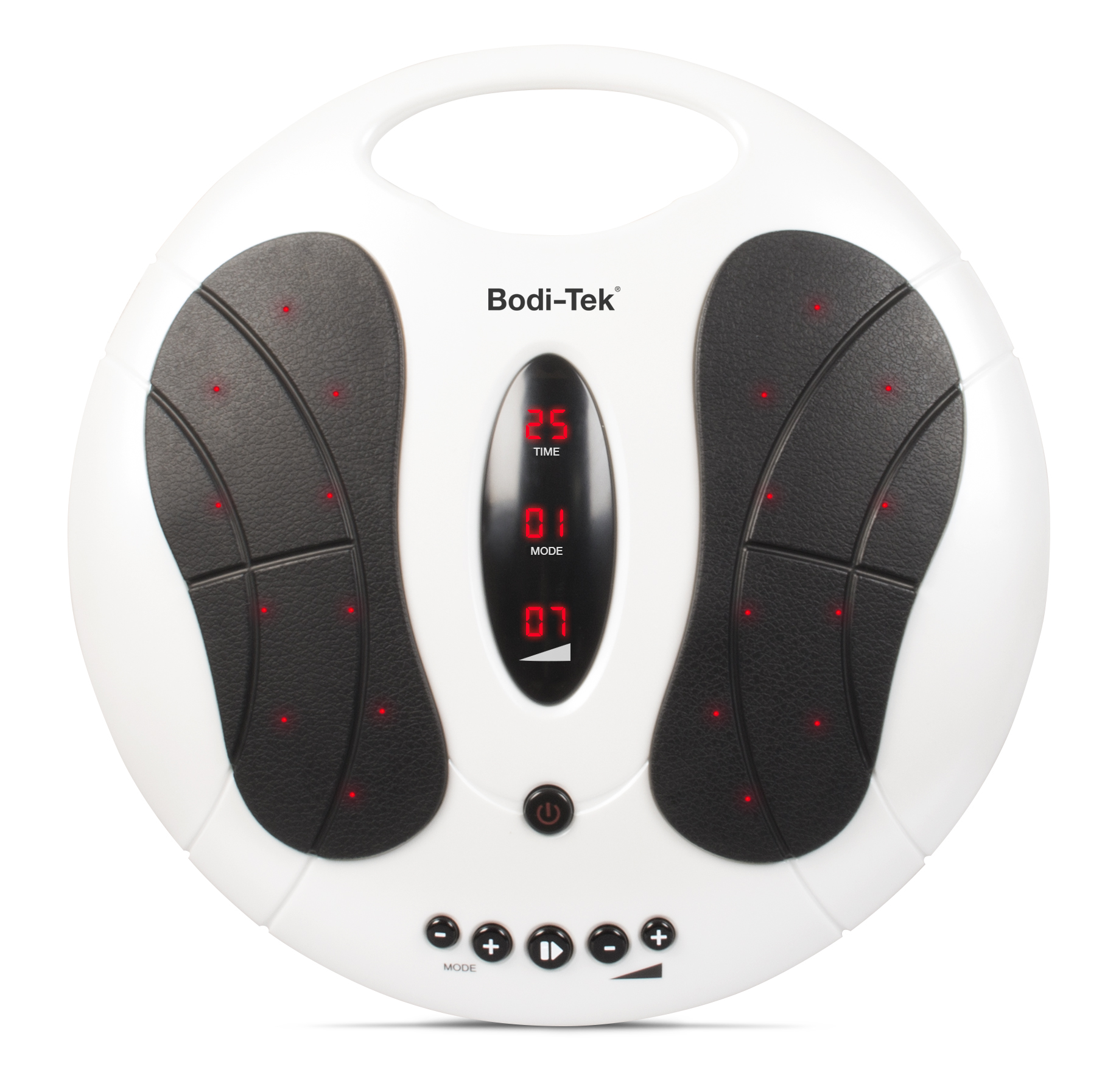 Een witte Bodi-Tek voetmassager met zwarte pads, rode lampjes en bedieningsknoppen. Het apparaat heeft een handvat.