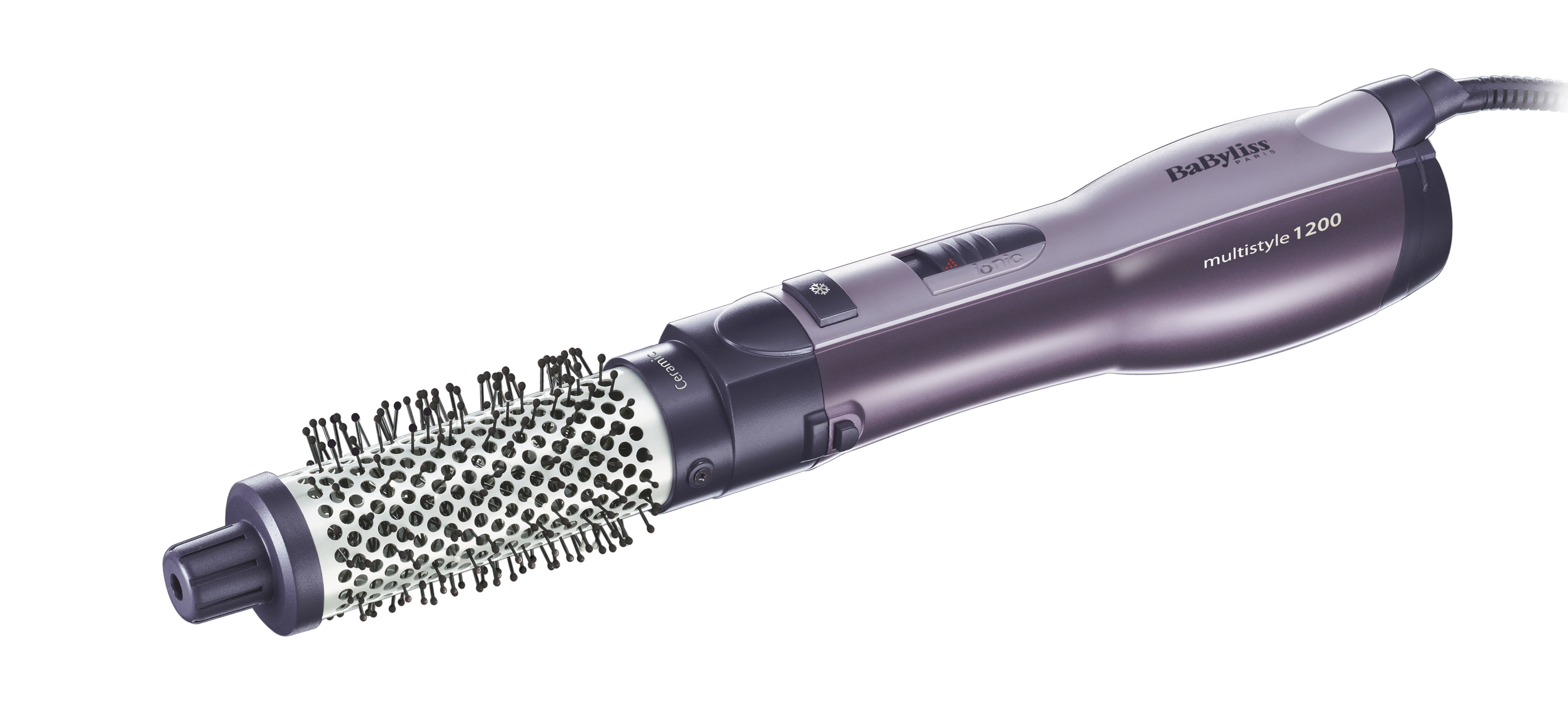 Ein silberner und grauer Babyliss-Haarstyler mit rotierendem Bürstenkopf auf weißem Hintergrund.
