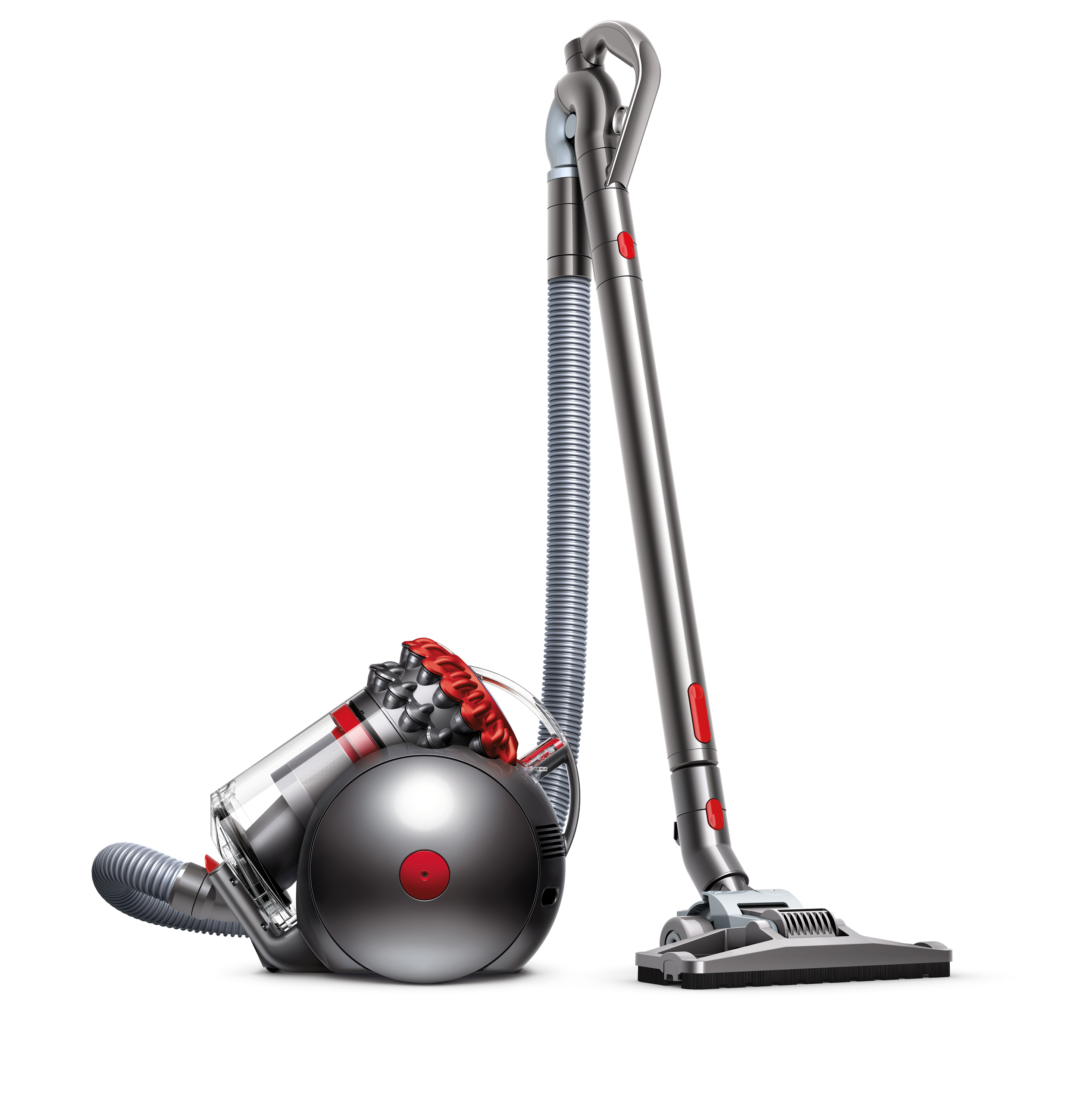 Ein Dyson-Staubsauger, silber und rot, auf weißem Hintergrund. Der Staubsauger ist aufrecht, mit einem flexiblen Schlauch.