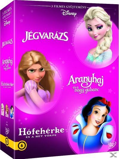 Egy lila DVD-box set Disney hercegnőkkel: Elsa, Rapunzel és Hófehérke. A dobozon a 6-os szám van.