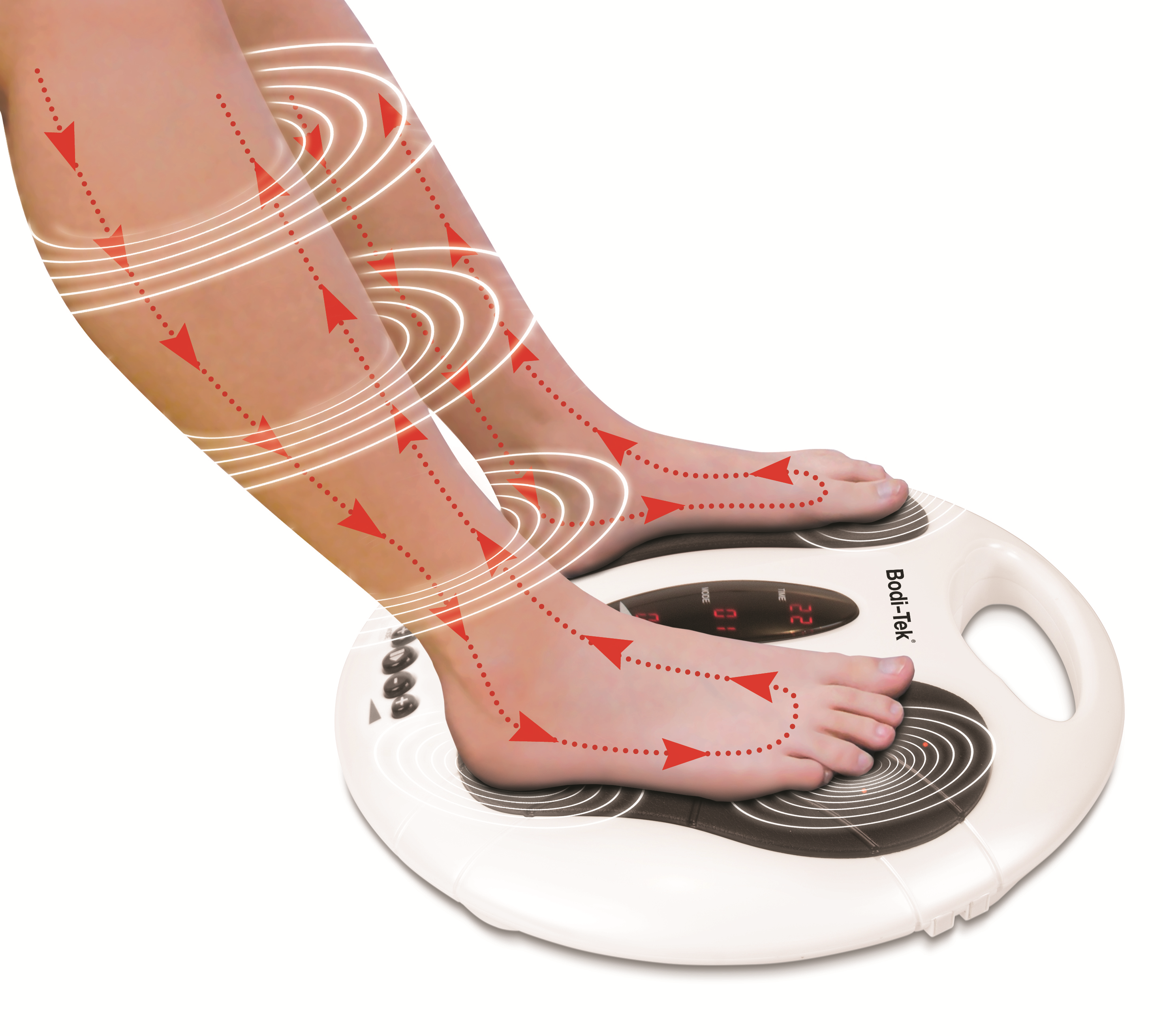Persoon die een witte voetmassager gebruikt met rode pijldiagrammen op benen.