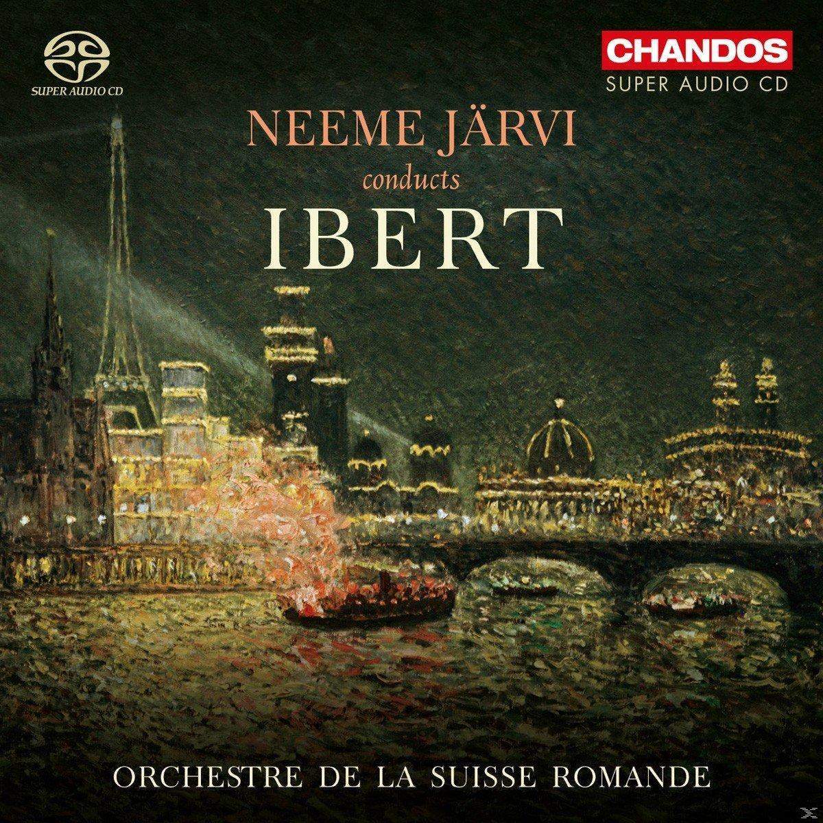 CD-Cover mit Neeme Järvi dirigiert Ibert, mit Nachtstadtansicht.