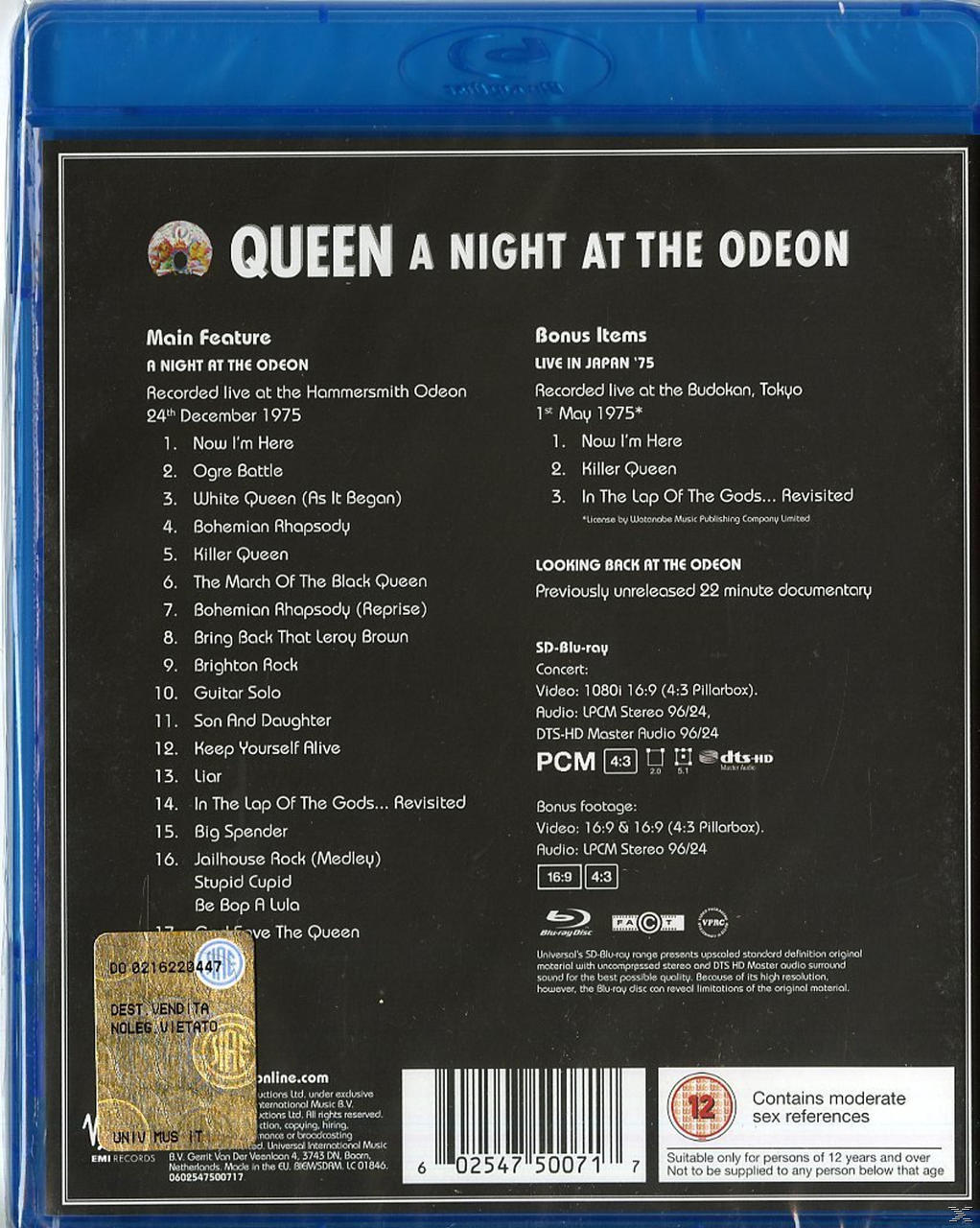 Blu-ray-Disc-Cover. Listet die Titel eines Queen-Konzerts auf.