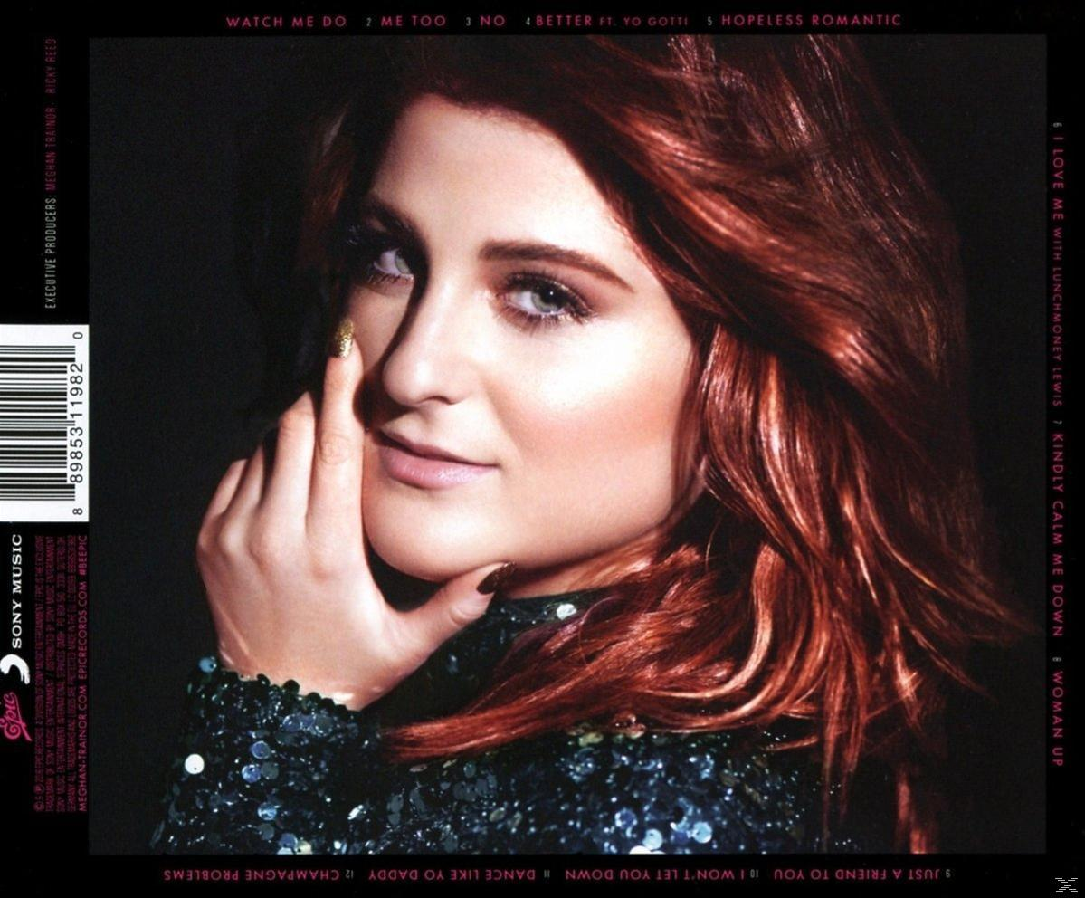Meghan Trainor auf Albumcover. Sie berührt ihr Gesicht, rotes Haar, dunkles Pailletten-Top. Schwarzer Hintergrund mit Trackliste und Credits.