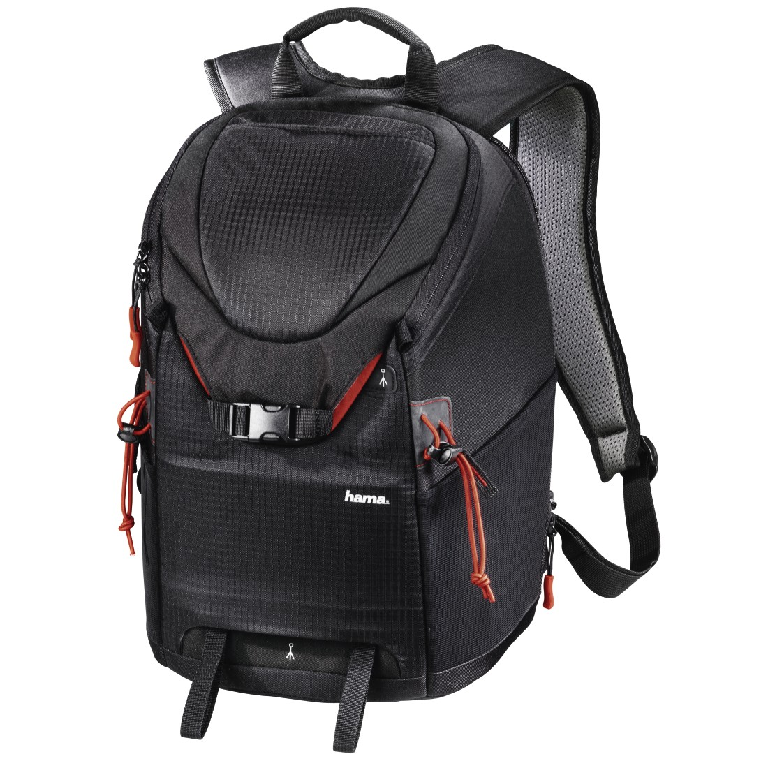 Sac à dos photo noir avec des touches de rouge. Contient plusieurs poches, sangles et une poignée.