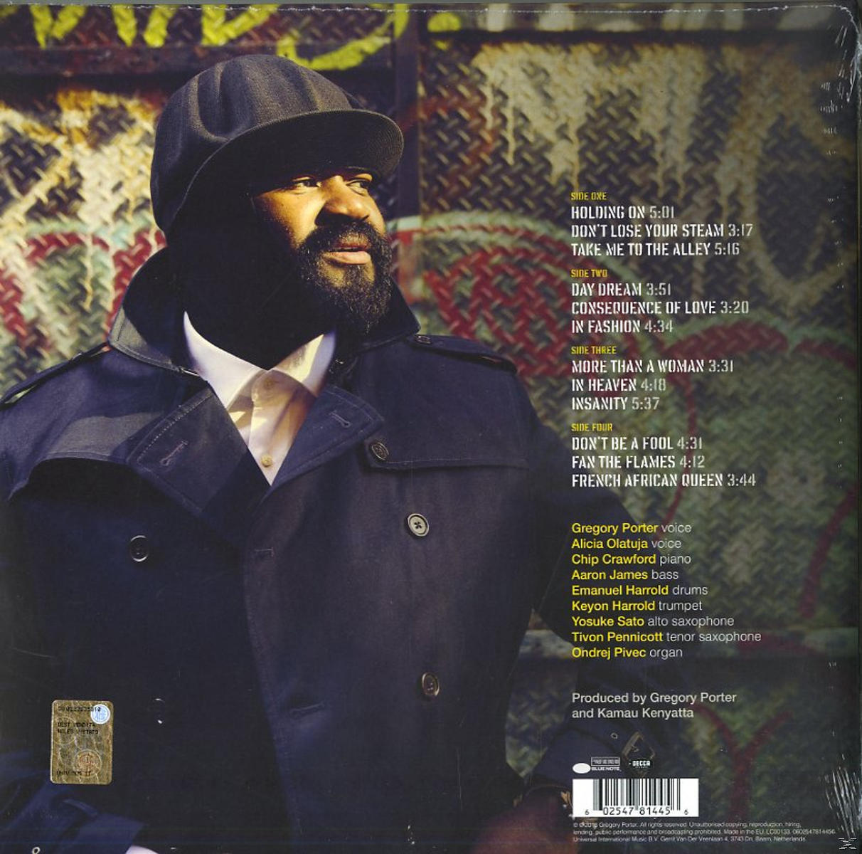 Albumcover eines Mannes mit Hut, Songtiteln und einer Liste von Musikern und Produzenten.