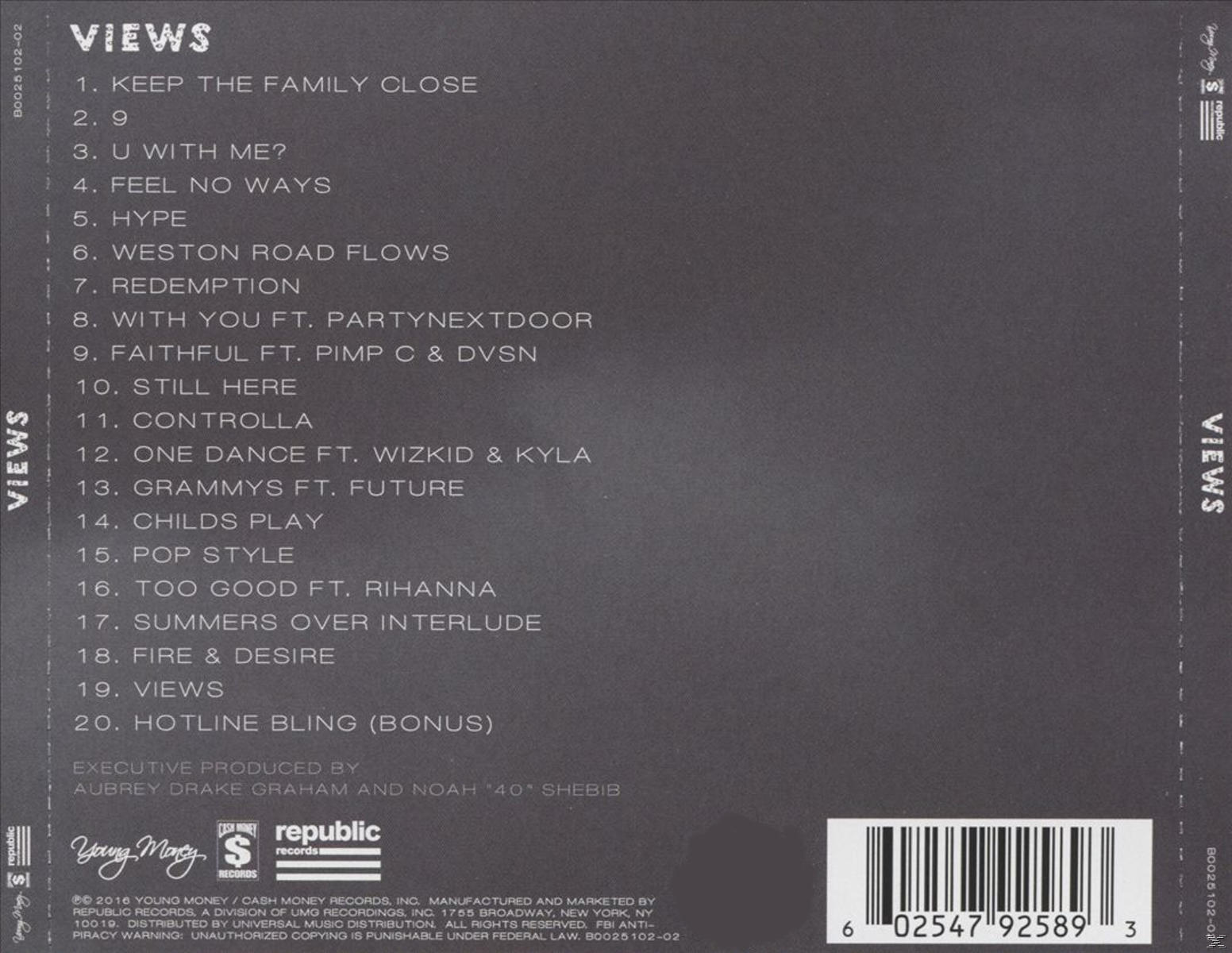 Rückseite eines CD-Covers mit der Titelliste von Drakes 'Views'-Album. Enthält die Titel und Credits.