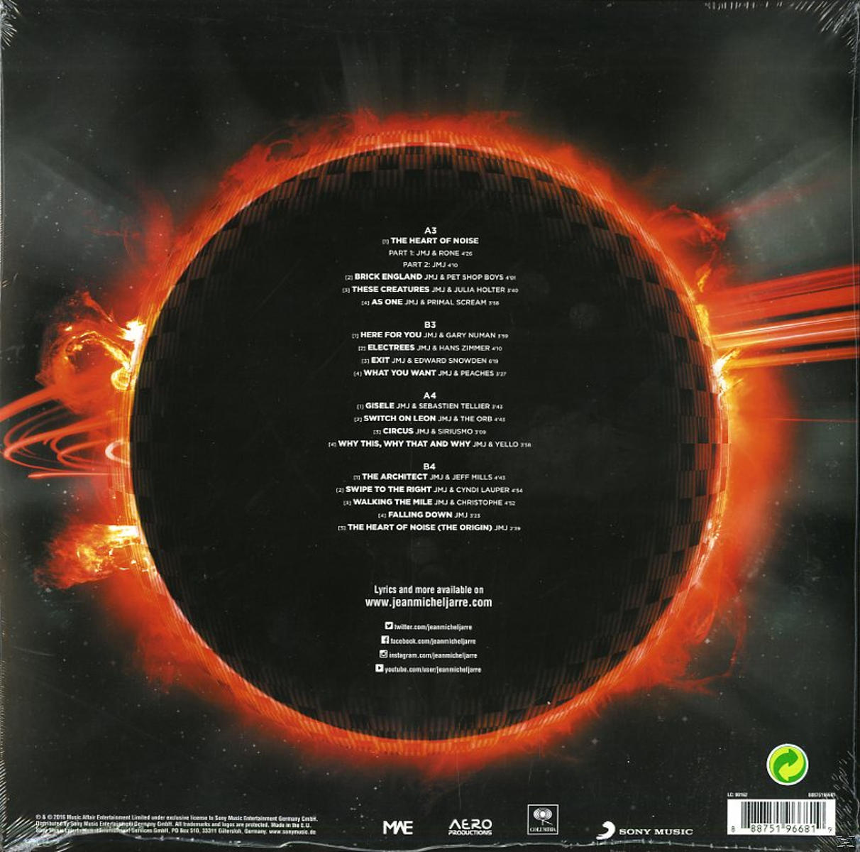 Vinylalbum. Dunkelrote Sonne mit Titelliste und Credits. Texte und Credits am unteren Rand des Vinyls.
