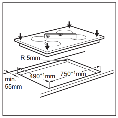Schéma d'une table de cuisson à induction avec dimensions et flèches. Vue de dessus.