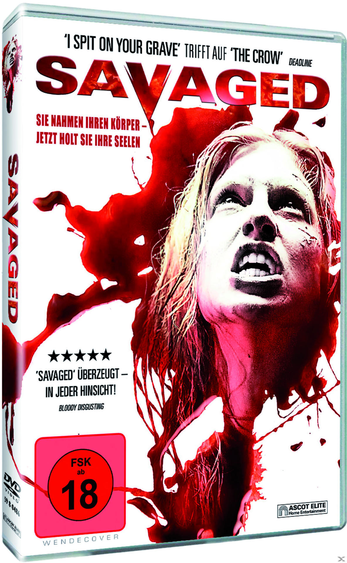 DVD-Cover des Films "SAVAGED". Eine Frau mit Blut im Gesicht schreit. Text und Logos sind sichtbar.