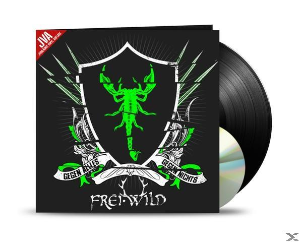 Frei.Wild Albumcover. Ein grüner Skorpion in einem Schild auf einer schwarzen Schallplatte und CD.