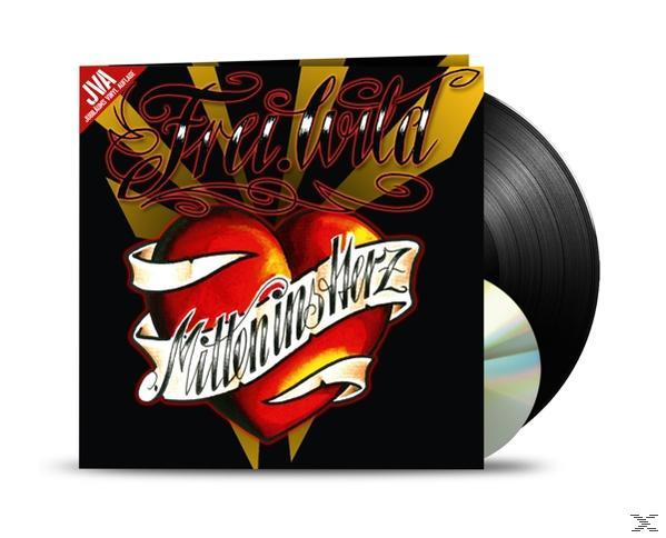 Albumcover mit einem Herzen mit einem Band mit der Aufschrift „Mitten in Herz“ und einer Schrift im alten Stil.