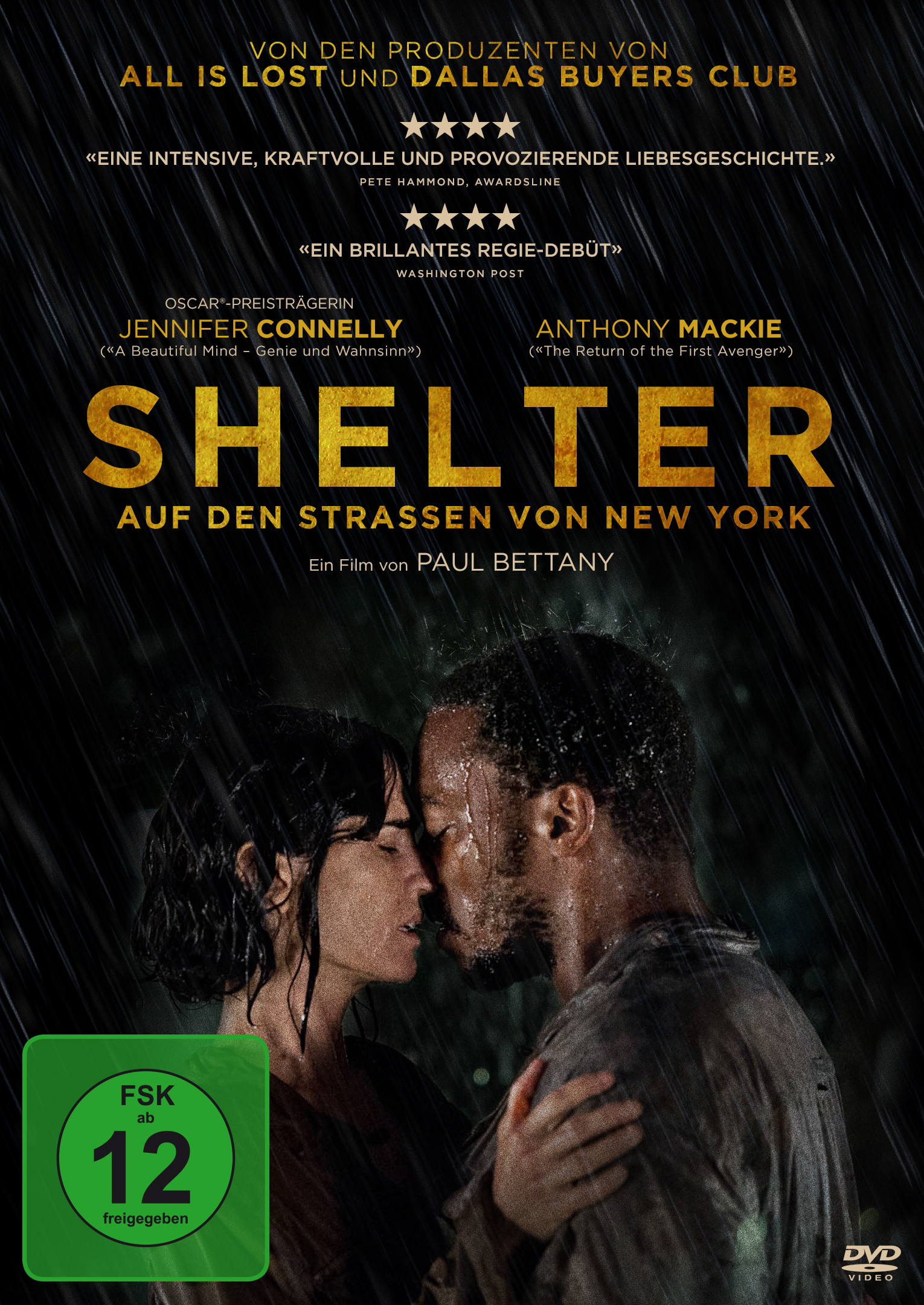 Filmcover: Ein Paar umarmt sich im Regen. Titel: SHELTER. Anderer Text und grünes Bewertungssiegel sichtbar.
