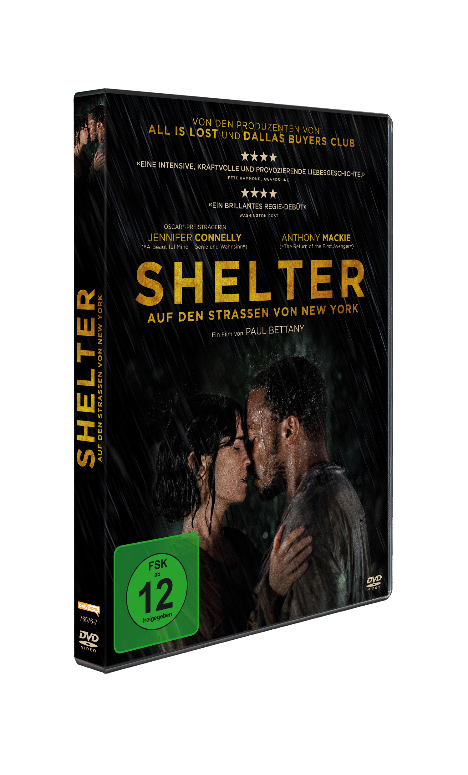 DVD-Cover von Shelter. Paar umarmt sich im Regen. Grünes FSK-Logo.