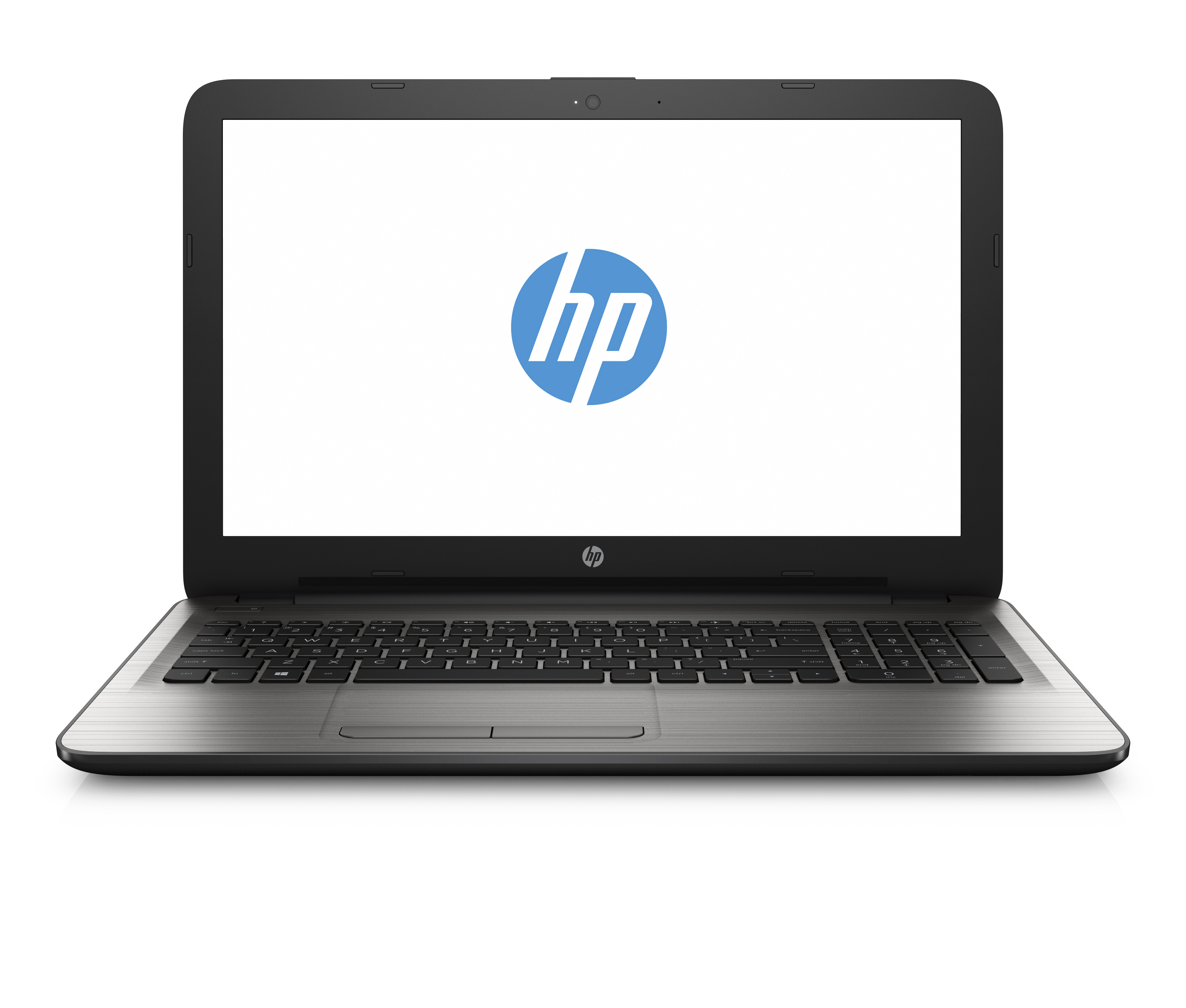 Schwarzer und silberner HP Laptop auf weißem Hintergrund, mit dem HP Logo auf dem Bildschirm.