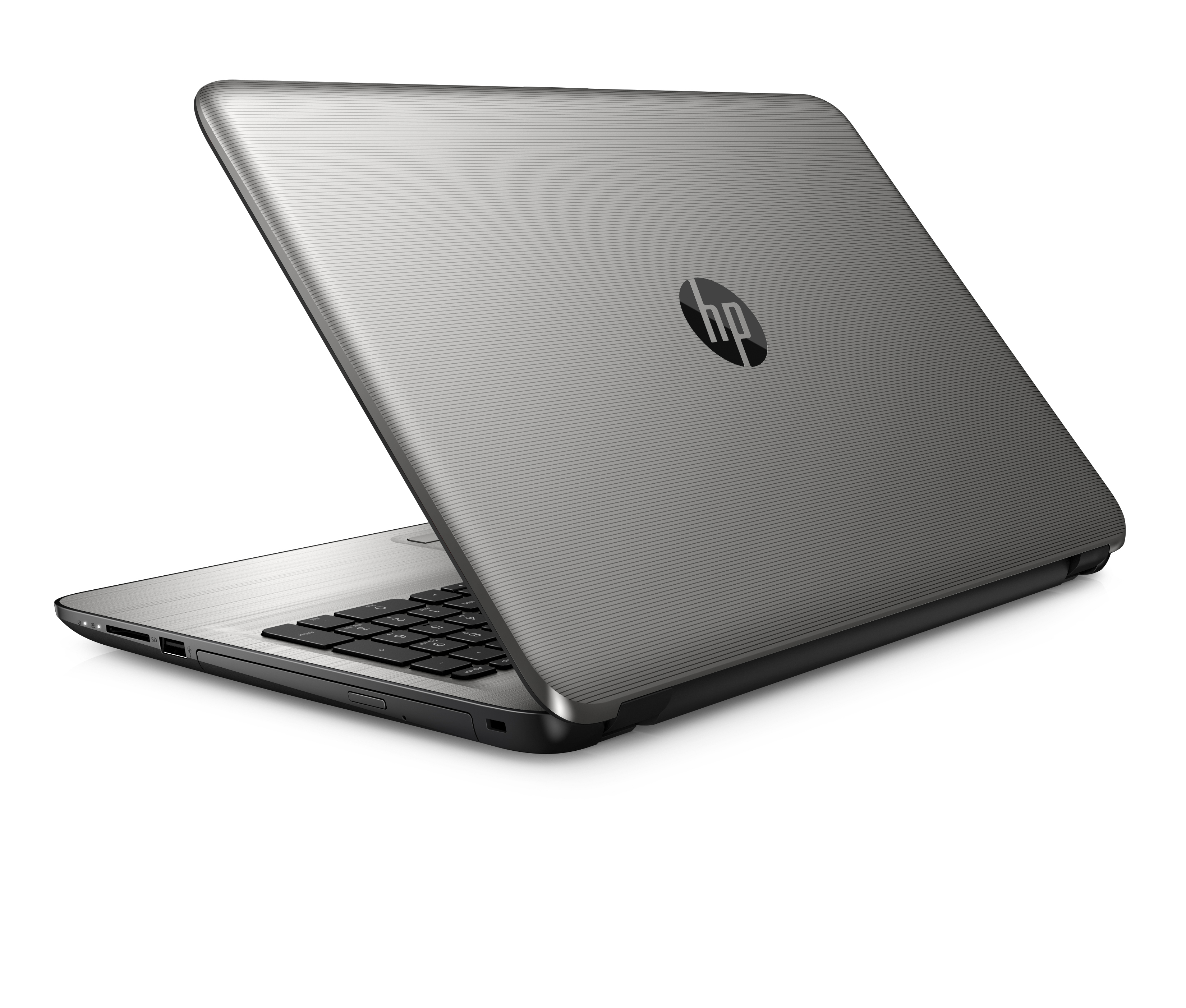 Silberner HP Laptop, im Winkel geöffnet, zeigt Tastatur und Logo.
