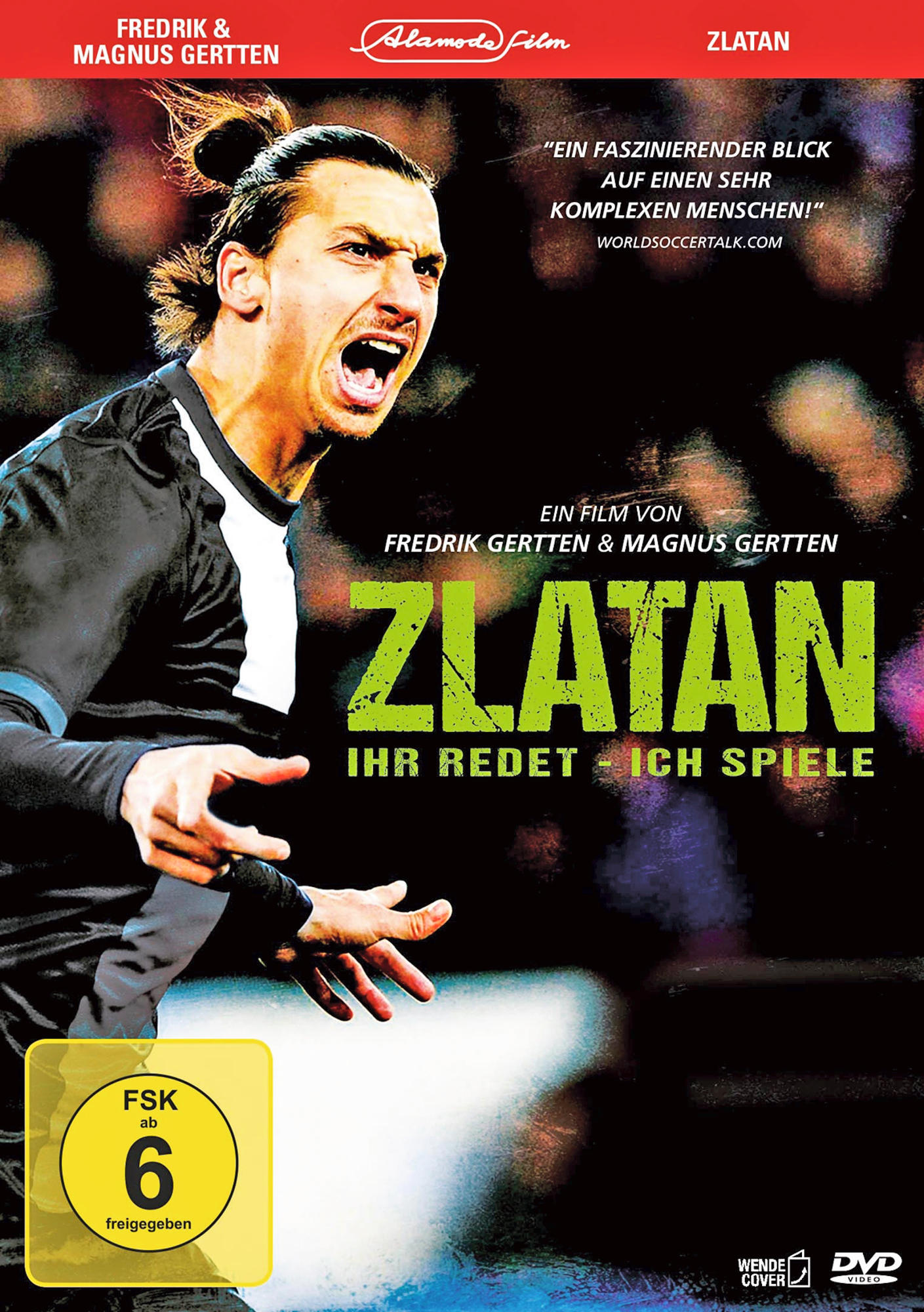 Zlatan Film-DVD-Cover. Zlatan Ibrahimović schreit. Grüner und gelber Titel mit schwarzem Hintergrund.