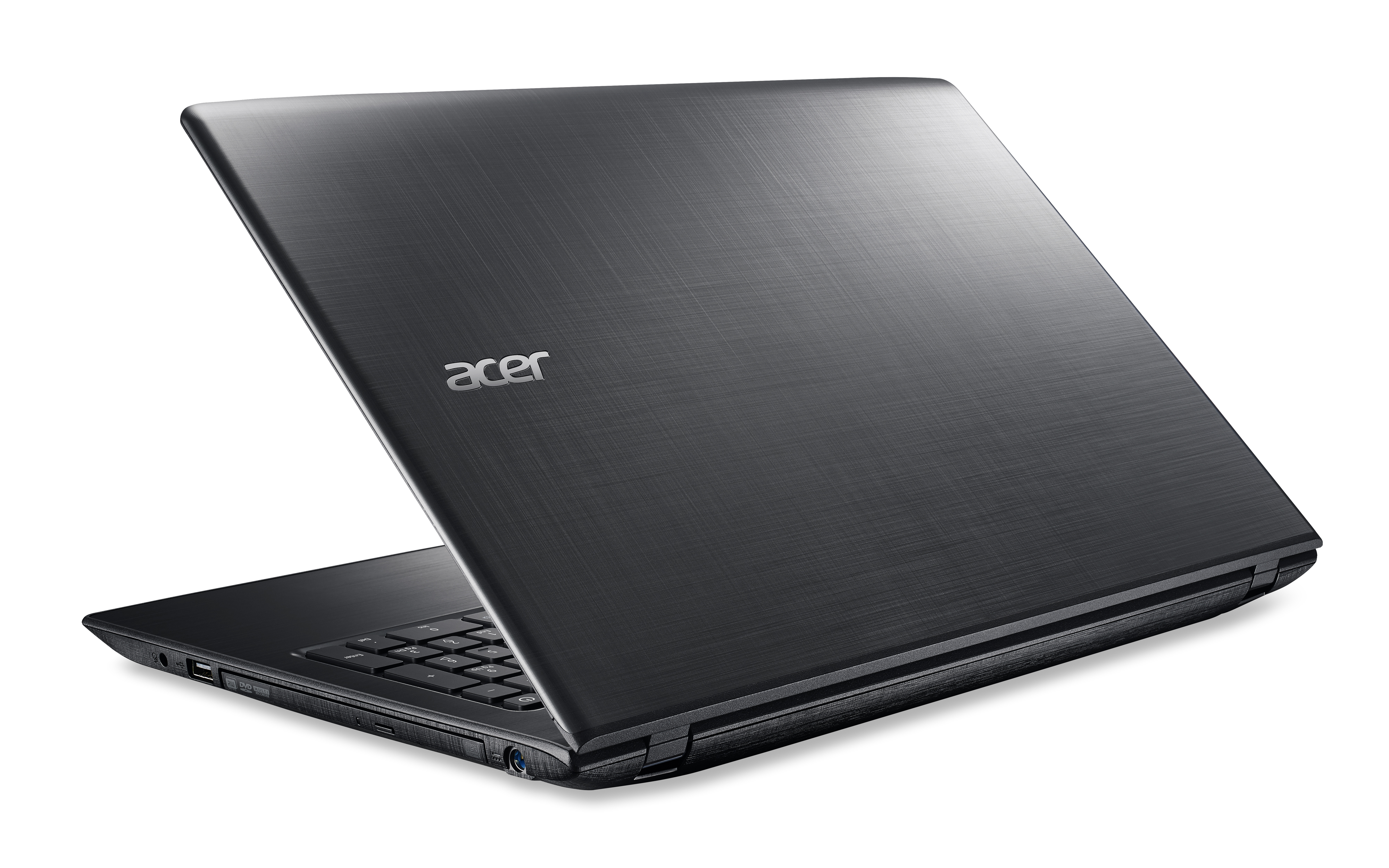 Schwarzer Acer-Laptop, teilweise geöffnet, nach rechts abgewinkelt, auf weißem Hintergrund.