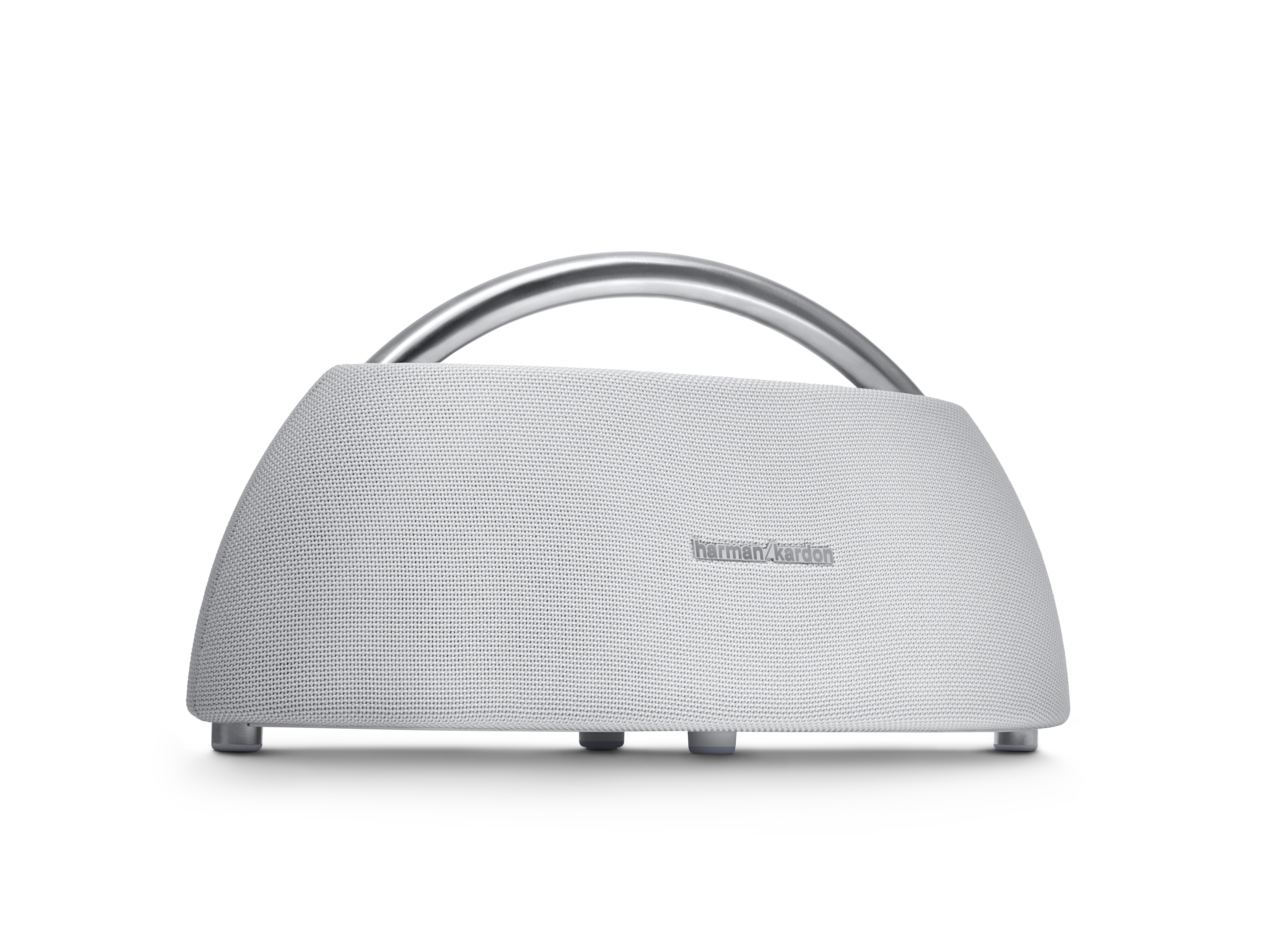 Altoparlante Harman Kardon bianco con manico argentato. Isolato su sfondo bianco.