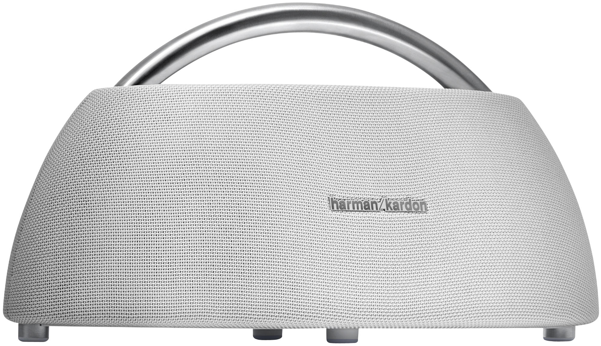 Altoparlante Bluetooth Harman Kardon bianco. Ha una parte superiore curva e una maniglia metallica.