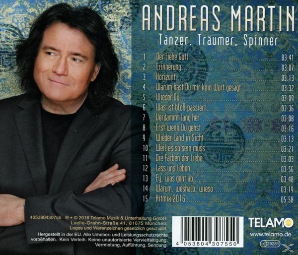 Albumcover mit dem Gesicht eines Mannes. Der Titel ist „Tänzer, Träumer, Spinner“ und der Künstler ist Andreas Martin.