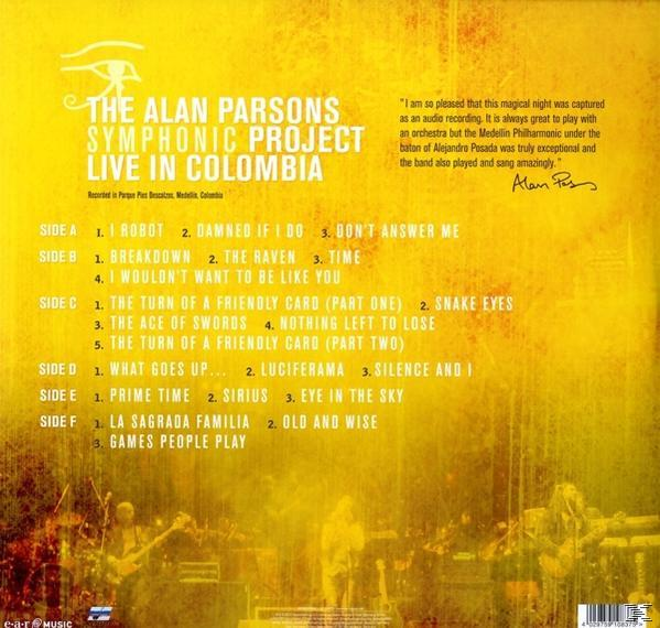 Das Alan Parsons Symphonic Project Albumcover, das Songs und ein Zitat über das Konzert auflistet.