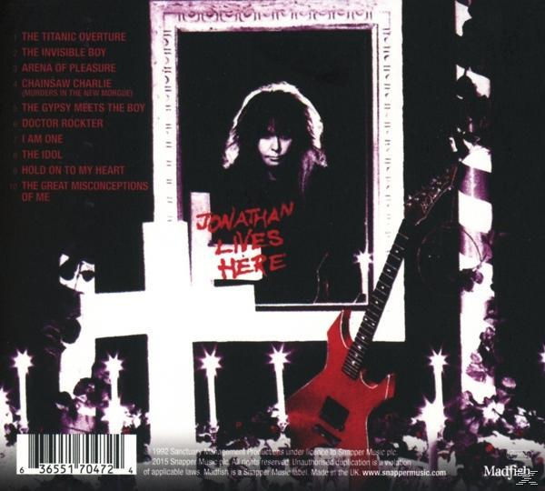 Albumcover: Portrait, Kreuz, rote Gitarre. Text: Jonathan Lives Here, Bandname und Songtitel. Dunkler Hintergrund.