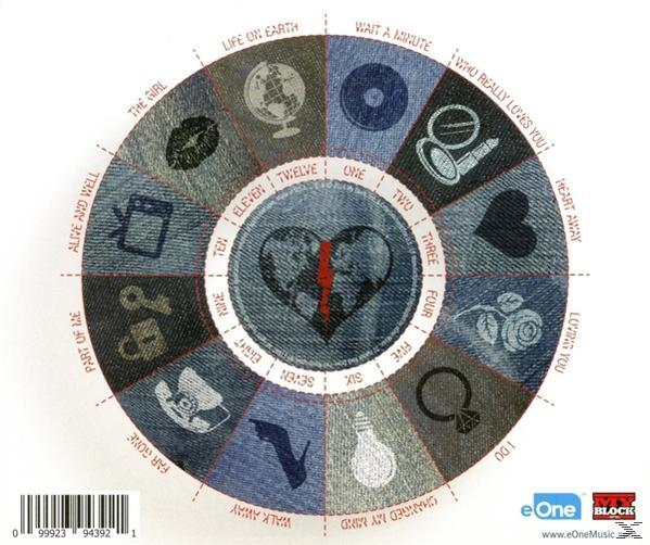 Rundes Albumcover mit Jeansstrukturen, Icons. Ein gebrochenes Herz in der Mitte, umgeben von thematischen Bildern.