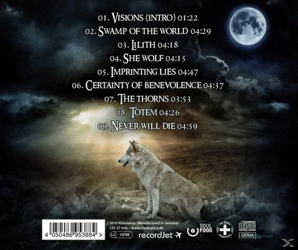 CD-Cover mit einem Wolf, einem Mond und Titellisten vor dunklem Hintergrund.