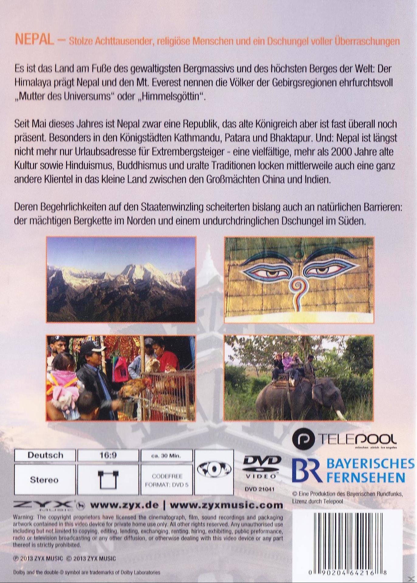 DVD-Rückseite von Nepal. Enthält Bilder von Bergen, Augen, Menschen und Elefanten. Text auf Deutsch.