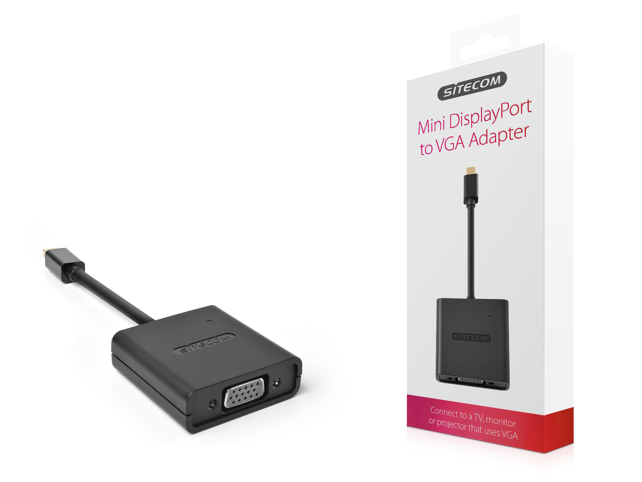Black Mini DisplayPort to VGA adapter with white box packaging.