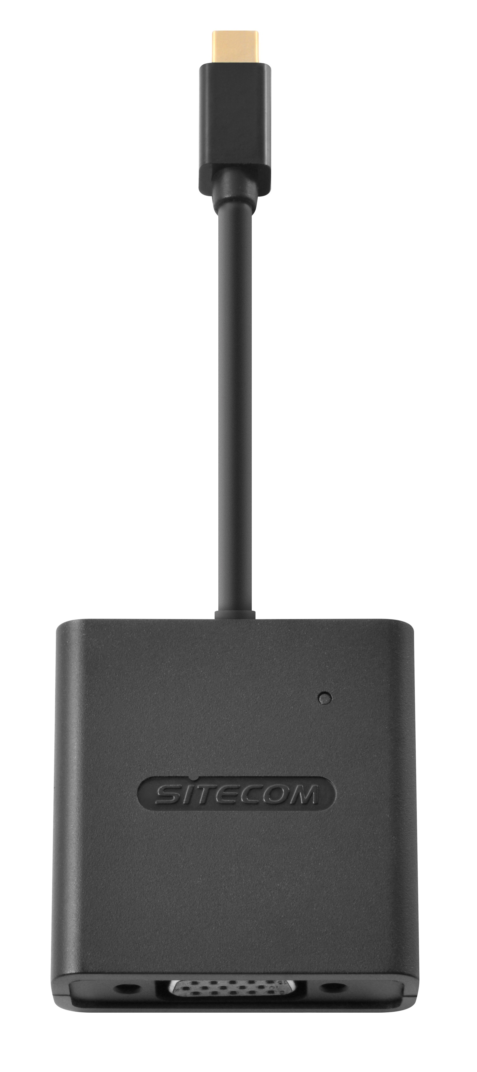Black adapter with a USB-C connector and a VGA port. The brand name SITECOM is printed on it.