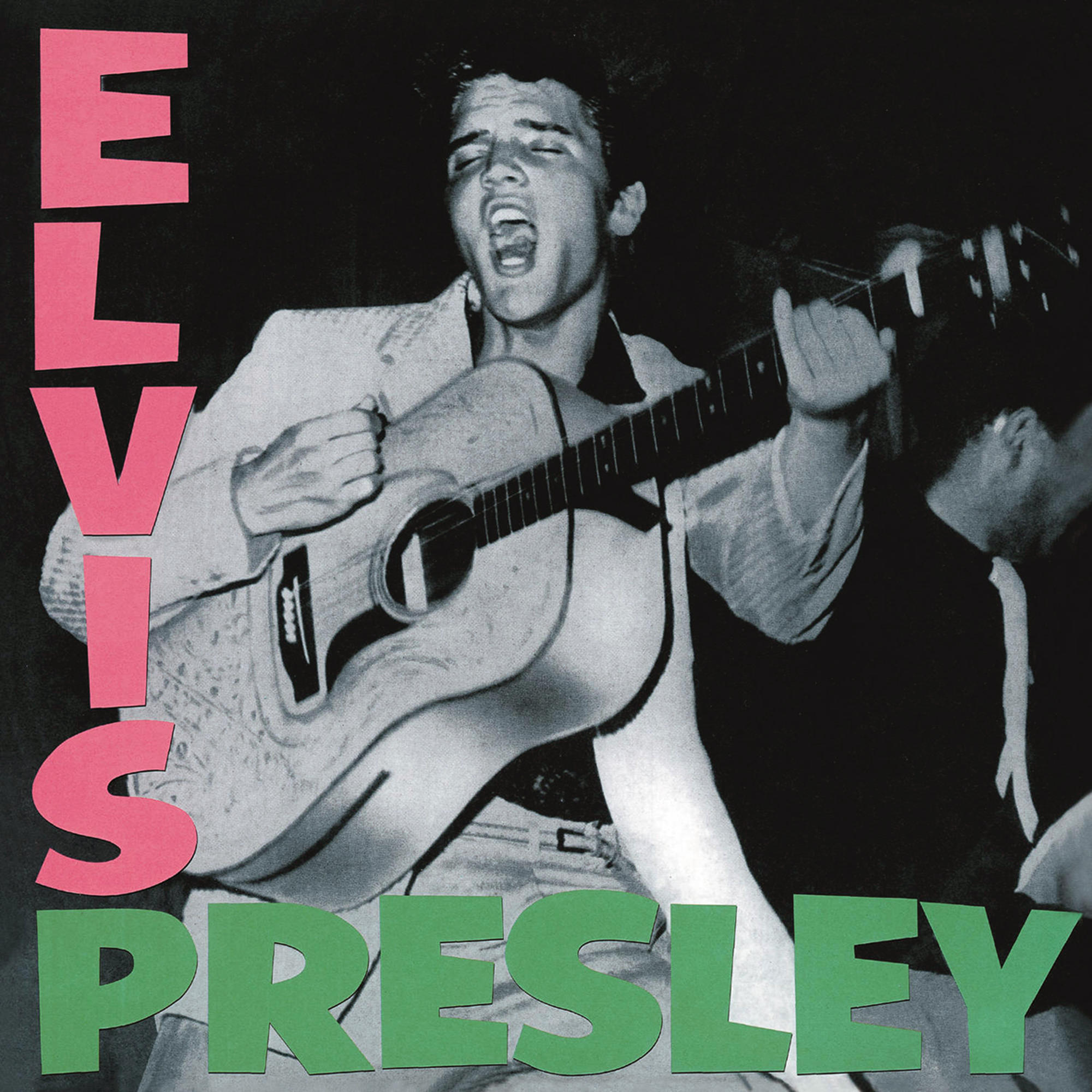 Elvis Presley Albumcover mit Elvis beim Singen und Gitarre spielen, Text in Pink und Grün.