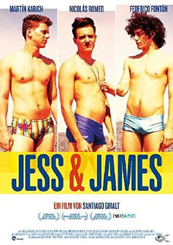 Filmposter mit drei Männern ohne Hemd in Badehosen, mit gelbem und blauem Hintergrund. Jess & James-Titel.