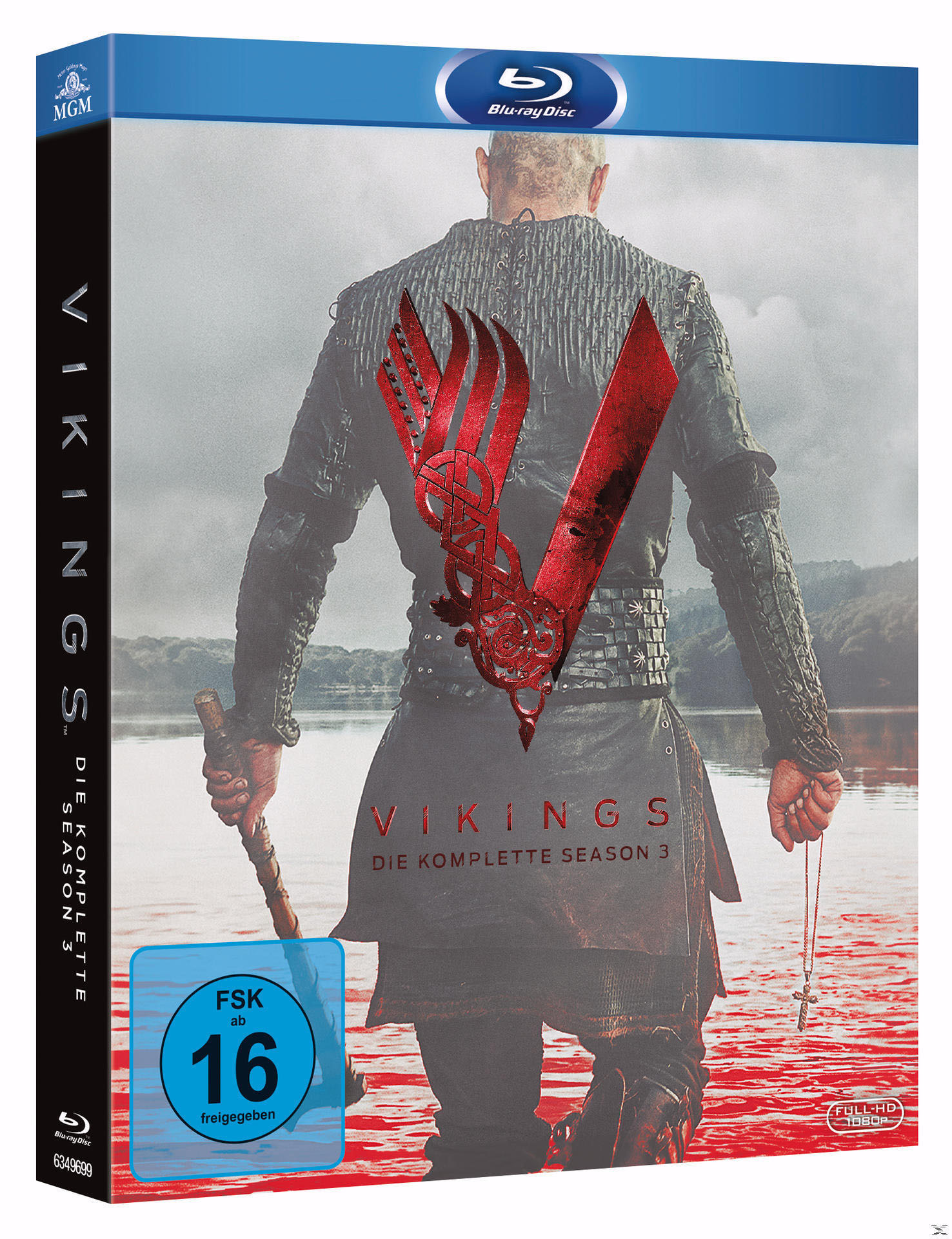 Vikings Staffel 3 Blu-ray Box. Zeigt Krieger mit rotem Symbol.