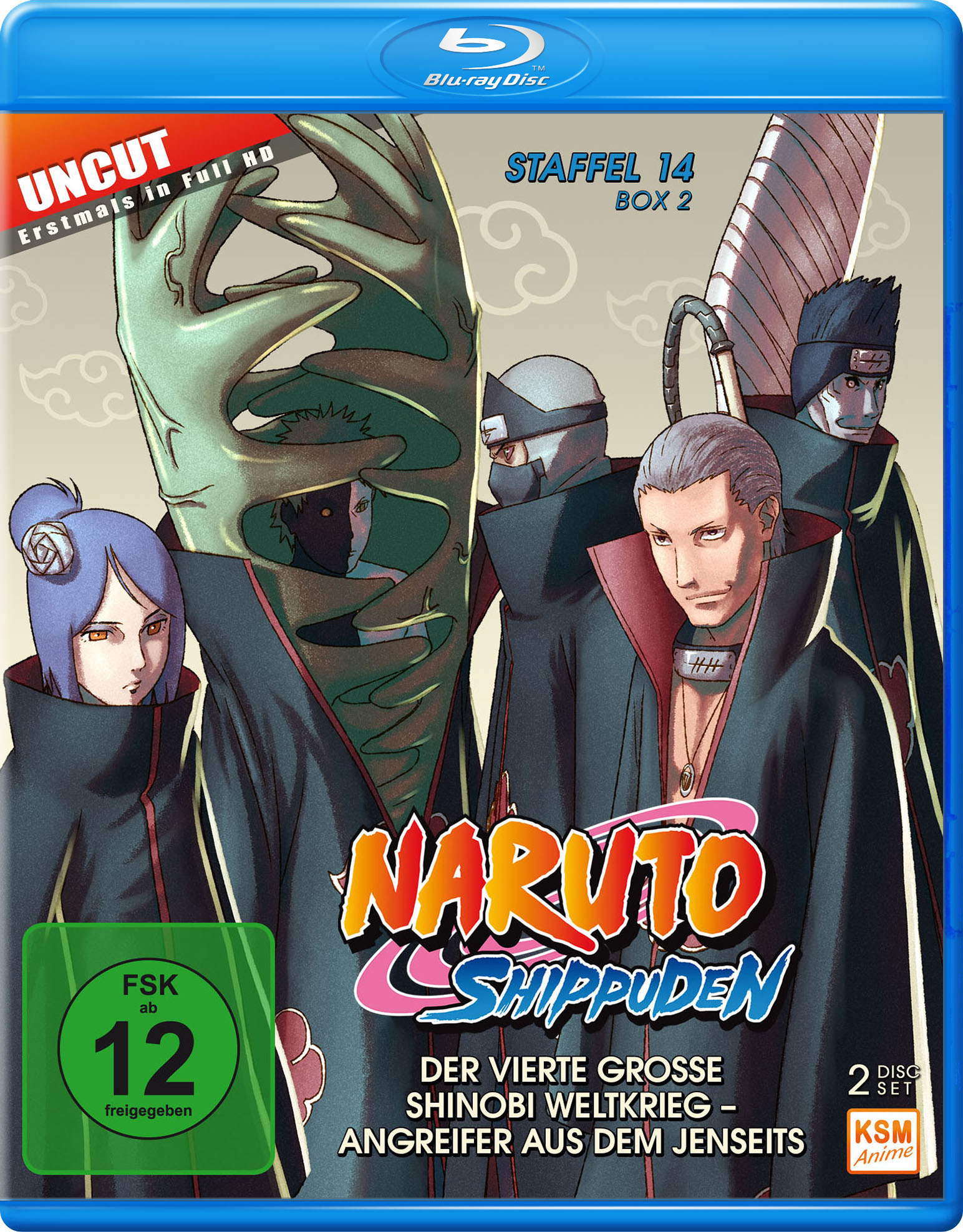 Blu-ray-Cover von Naruto Shippuden. Zeigt mehrere Charaktere in schwarzen Umhängen, einen grünen FSK 12-Aufkleber und den Titel der Show.