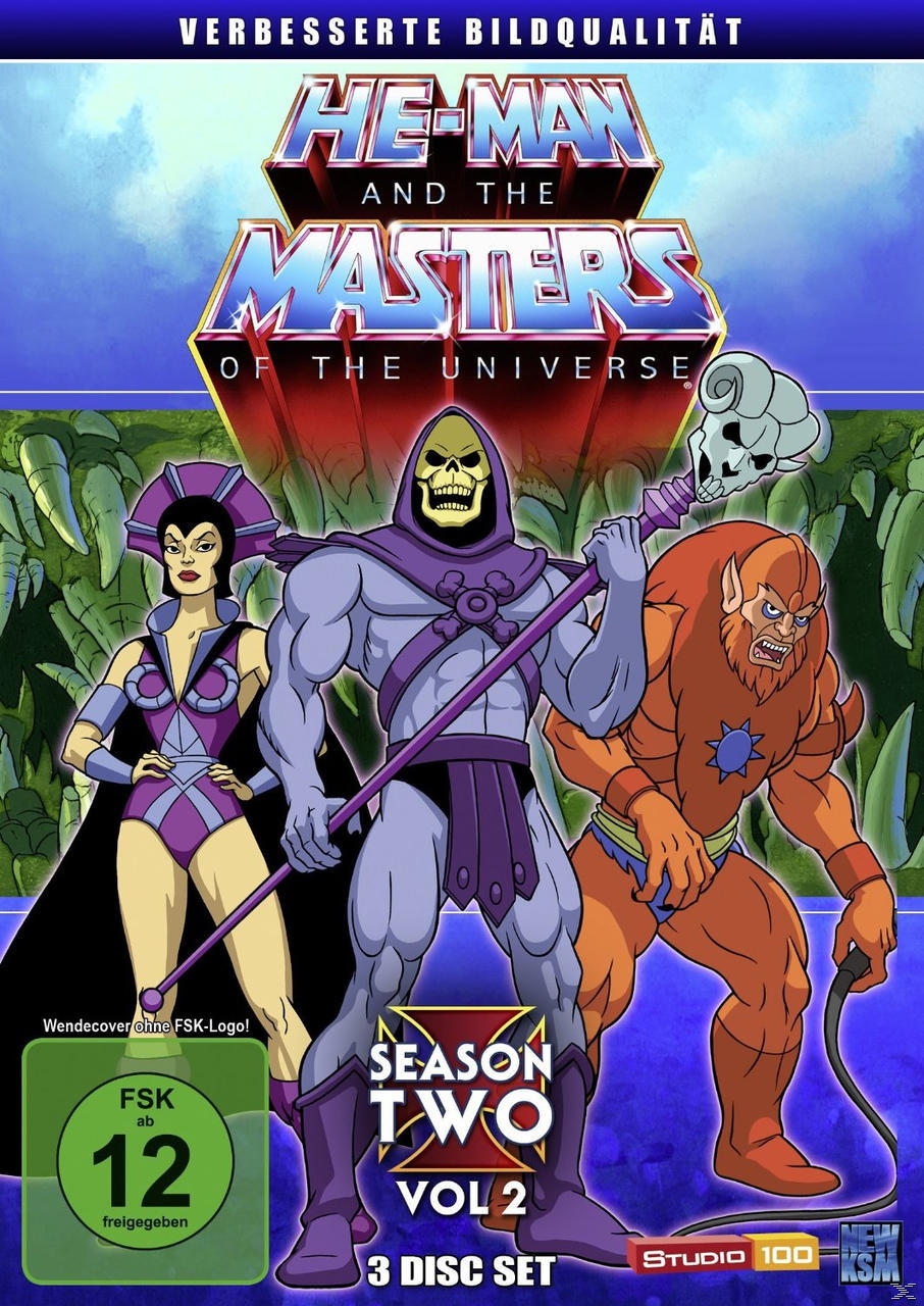 He-Man und die Masters of the Universe DVD-Cover. Enthält Skeletor und andere Charaktere. Blauer Hintergrund.