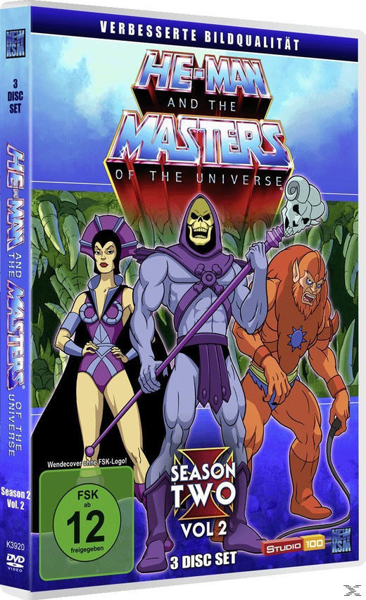 DVD-Cover von He-Man and the Masters of the Universe, mit drei Charakteren auf blauem Hintergrund.