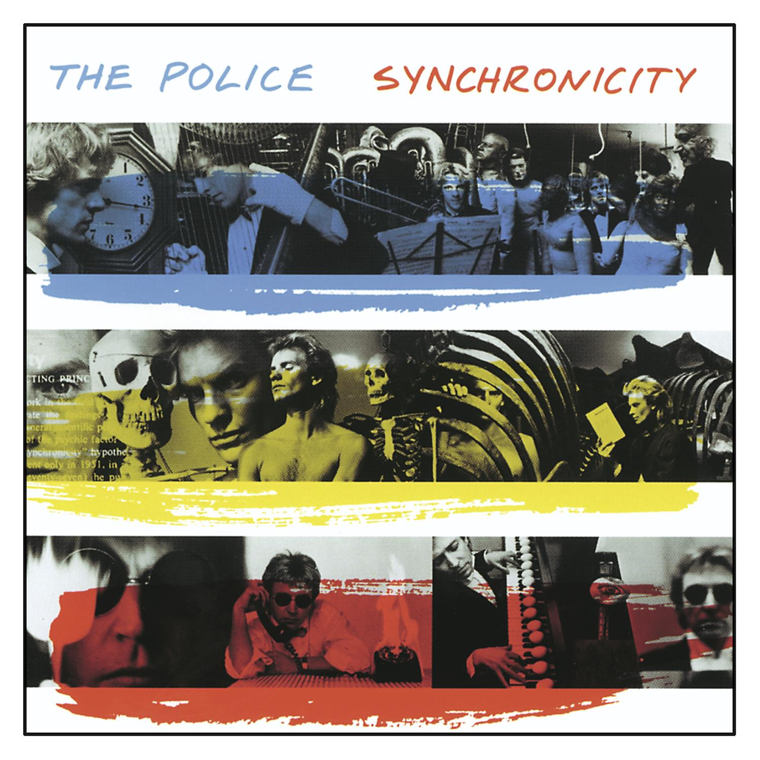 Albumcover für The Police, Synchronicity. Enthält eine Collage verschiedener Bilder in Rasteranordnung.