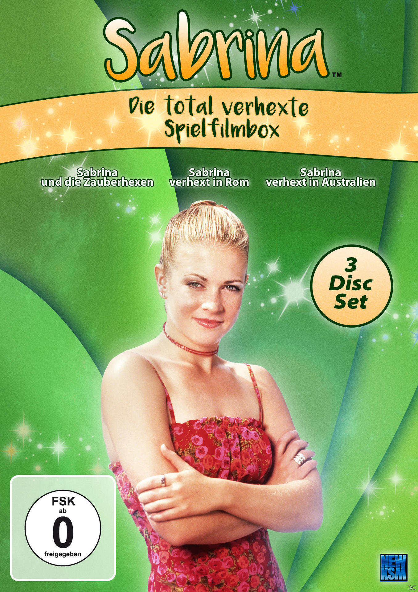 Sabrina DVD-Box-Set, Frau auf dem Cover, grüner Hintergrund, Text und 3-Disc-Set-Etikett.