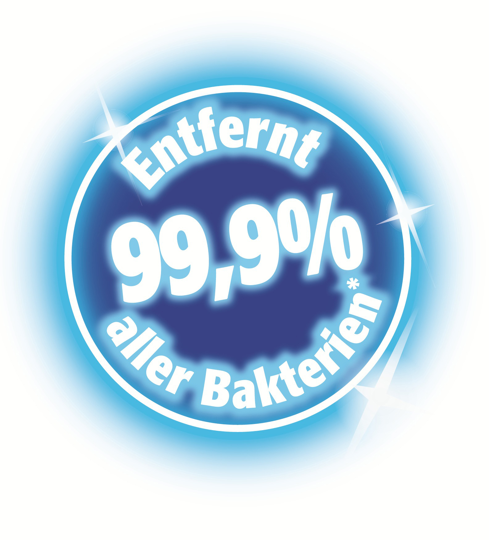 Ein blauer Kreis mit '99,9%' und 'Entfernt aller Bakterien' Text. Weißer Hintergrund mit Leuchteffekten.