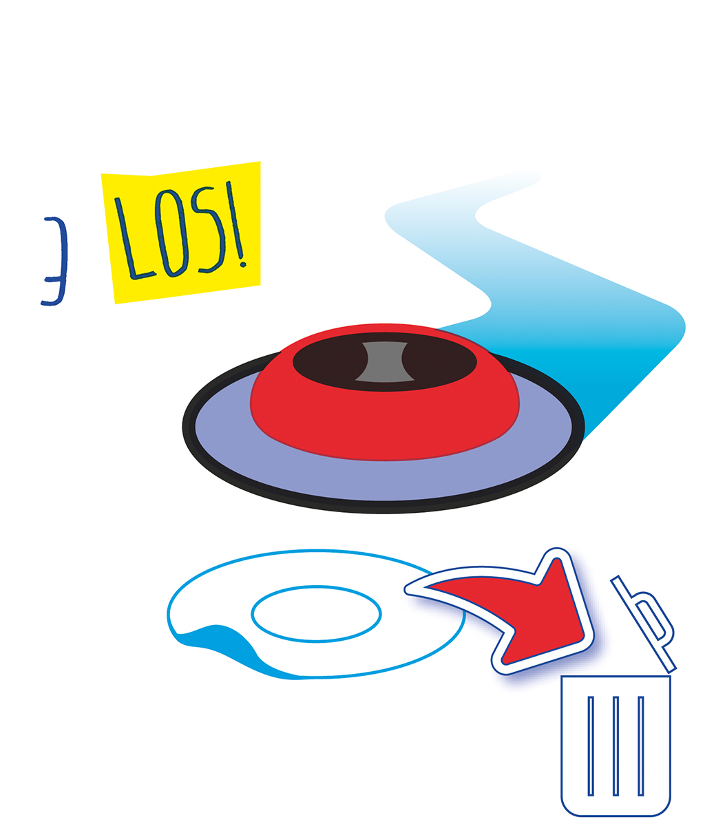 Cartoon-Illustration: Roter Knopf, blaue Welle, Mülleimer und Pfeil.