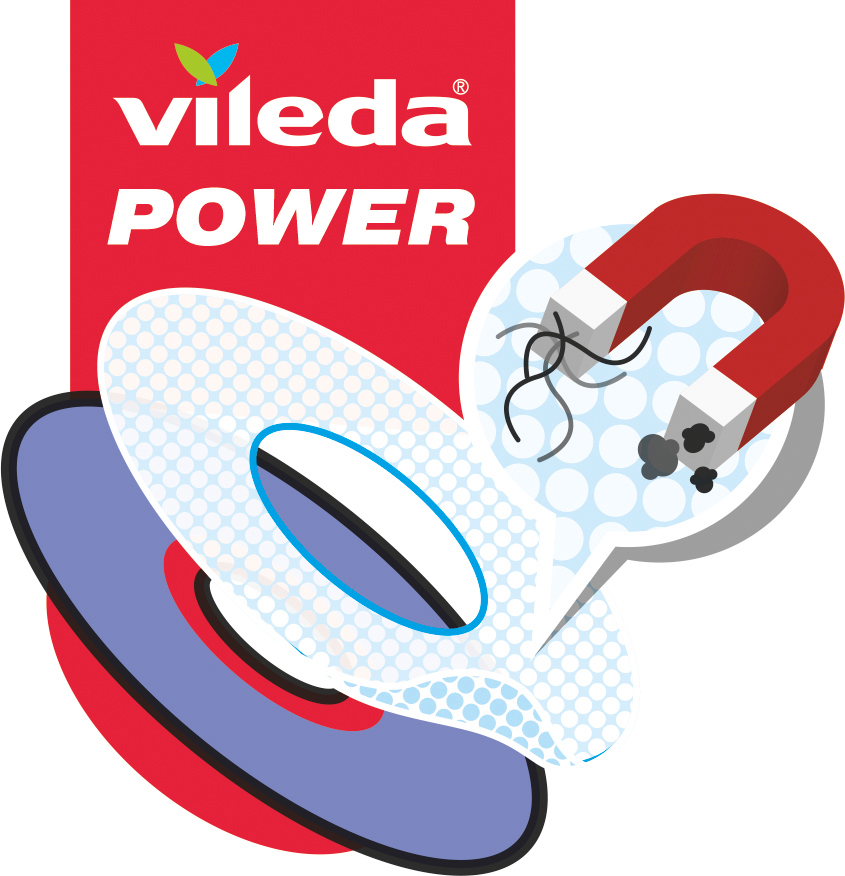 Vileda Power Reinigungspad mit Magnet-Illustration. Ein Magnet zieht Schmutz von einer weißen Oberfläche an.