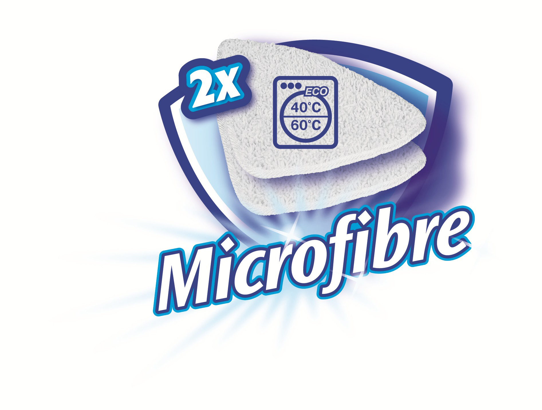 Weiße Mikrofasertücher mit 2x und Waschmaschinen-Symbol.